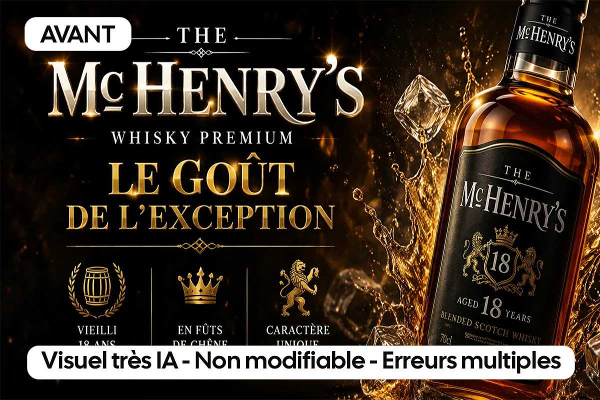 Visuel publicitaire généré par IA pour une marque de whisky premium, avec bouteille, verre et mise en scène dorée.