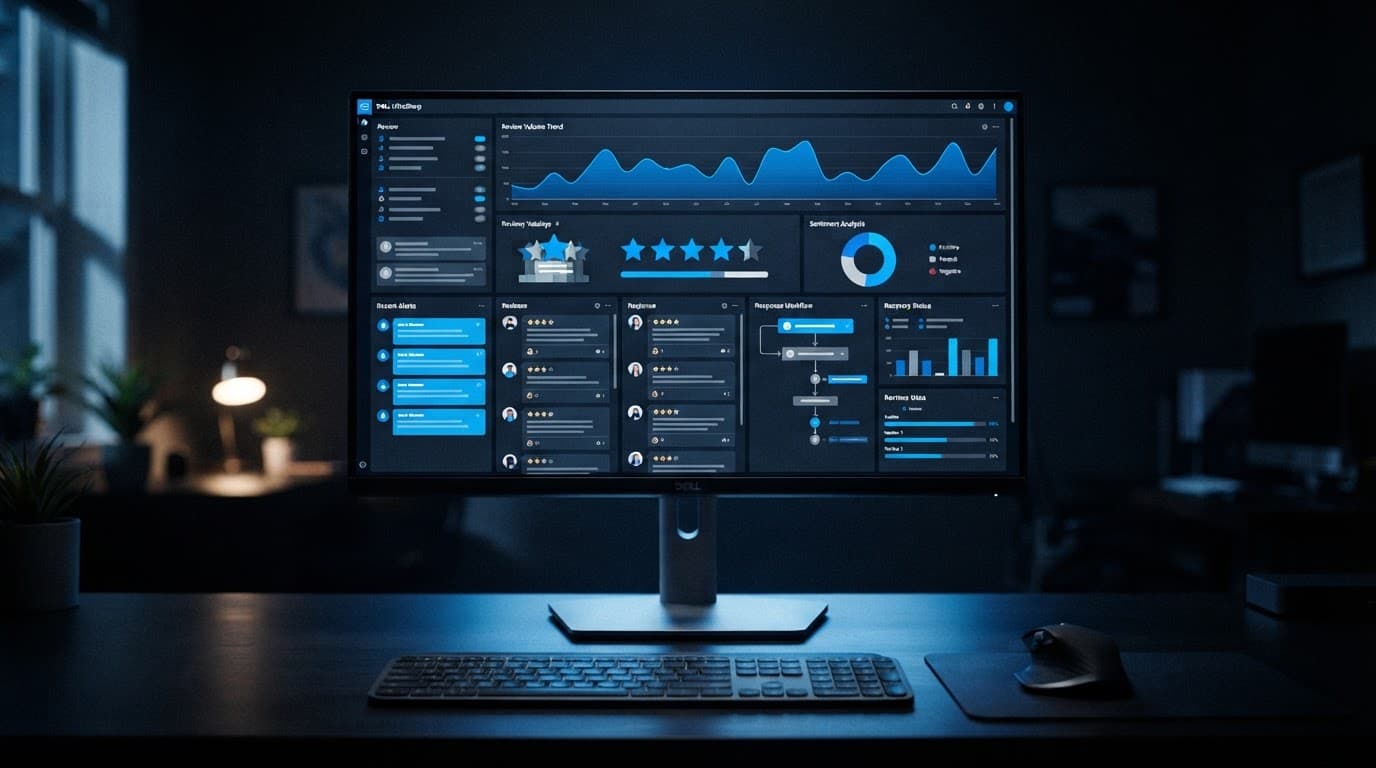 A monitor showing customer review metrics in vivid blue light.