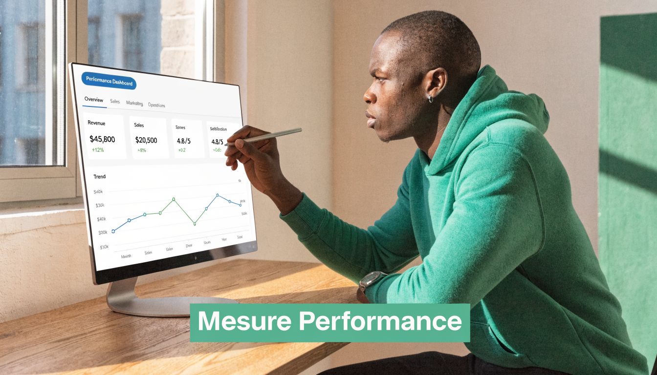 Un jeune homme en sweat-shirt vert analyse les indicateurs de performance sur un écran d'ordinateur au bureau.