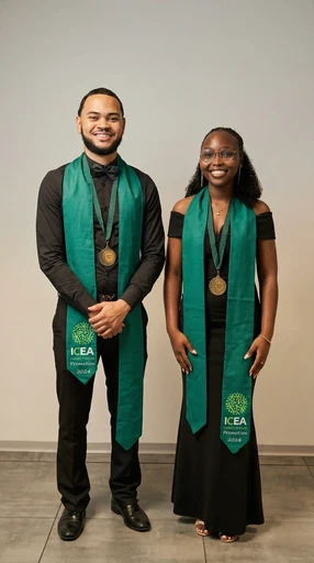 Un diplômé et une diplômée de l'ICEA Martinique arborant fièrement l'écharpe de la promotion 2024, célébrant la réussite académique au sein de cette école supérieure.