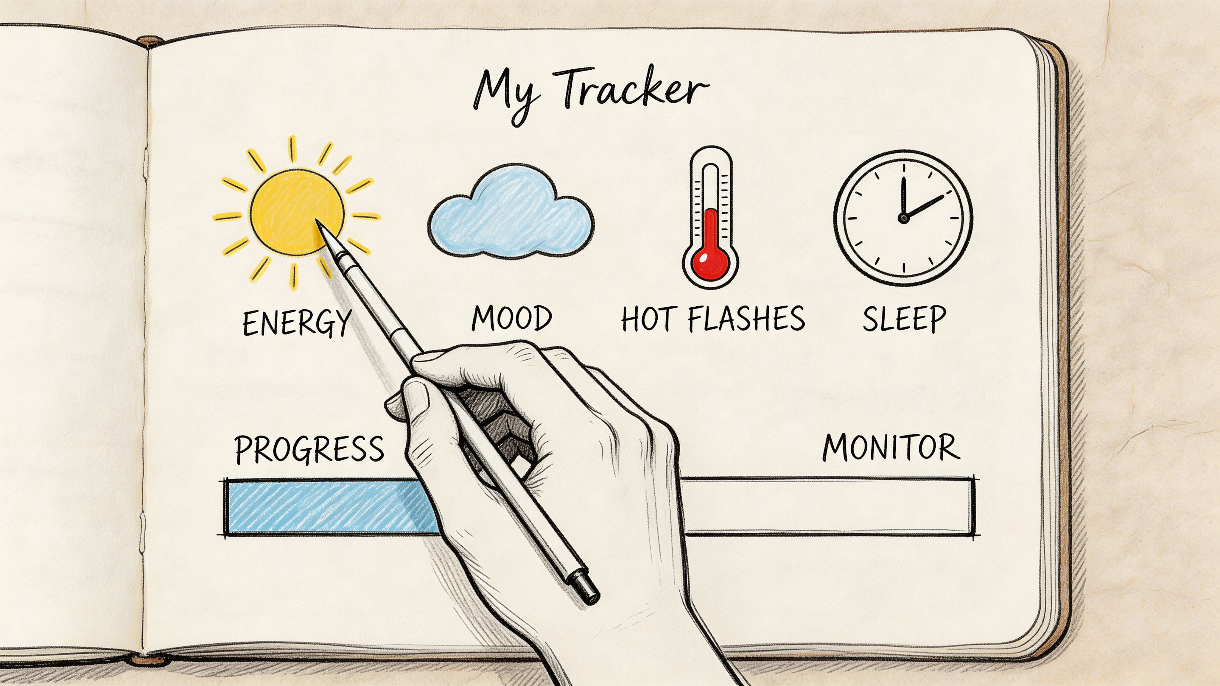 A hand using a pen to track health metrics like energy, mood, hot flashes, and sleep.