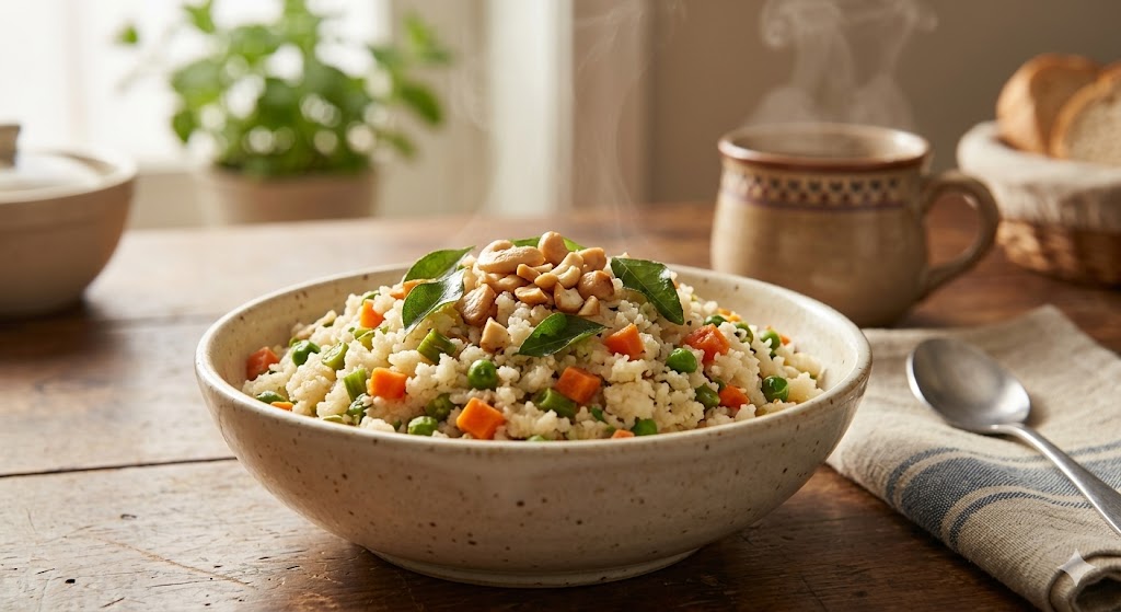 A ceramic bowl of steaming vegetable upma containing carrots, peas, and green beans, garnished with roasted cashews and fresh curry leaves, served on a wooden breakfast table with soft morning light and a mug in the blurred background.