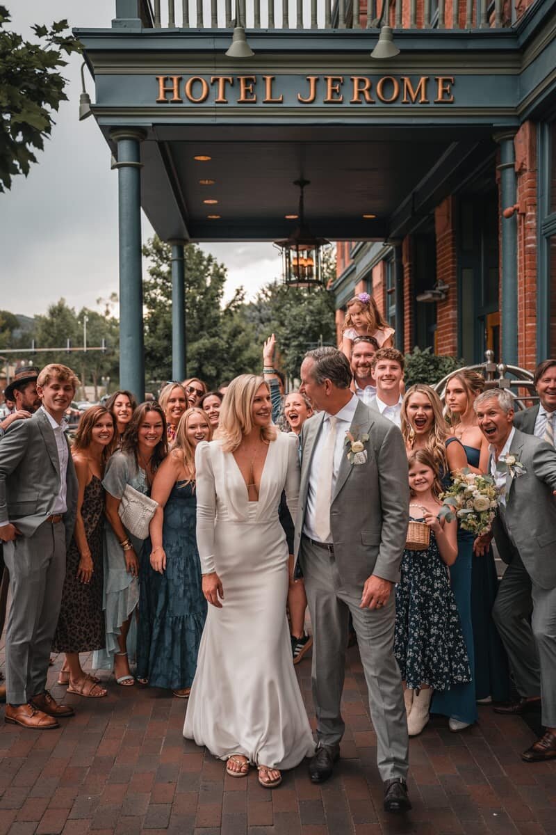 Newlyweds surrounded by cheering guests outside the Hotel Jerome entrance
