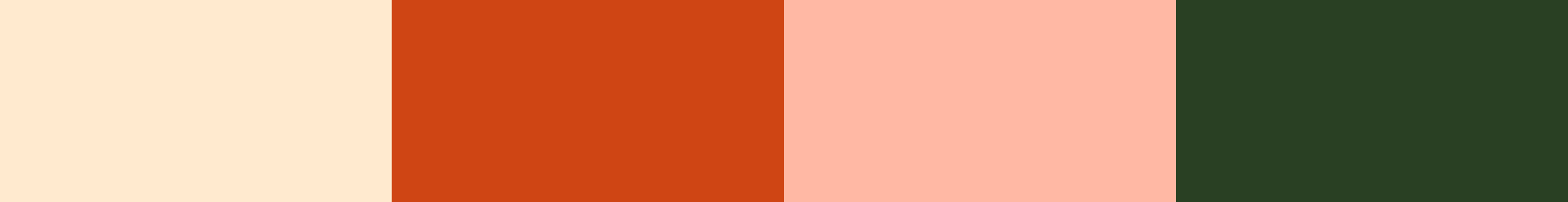 Tafe's color palette featuring four swatches from left to right: champagne cream, burnt sienna orange, soft salmon pink, and deep forest green.