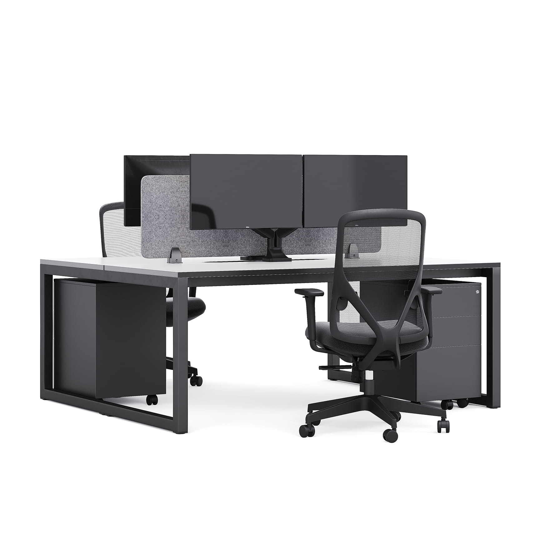 Office desk setup with dual monitors and ergonomic chair