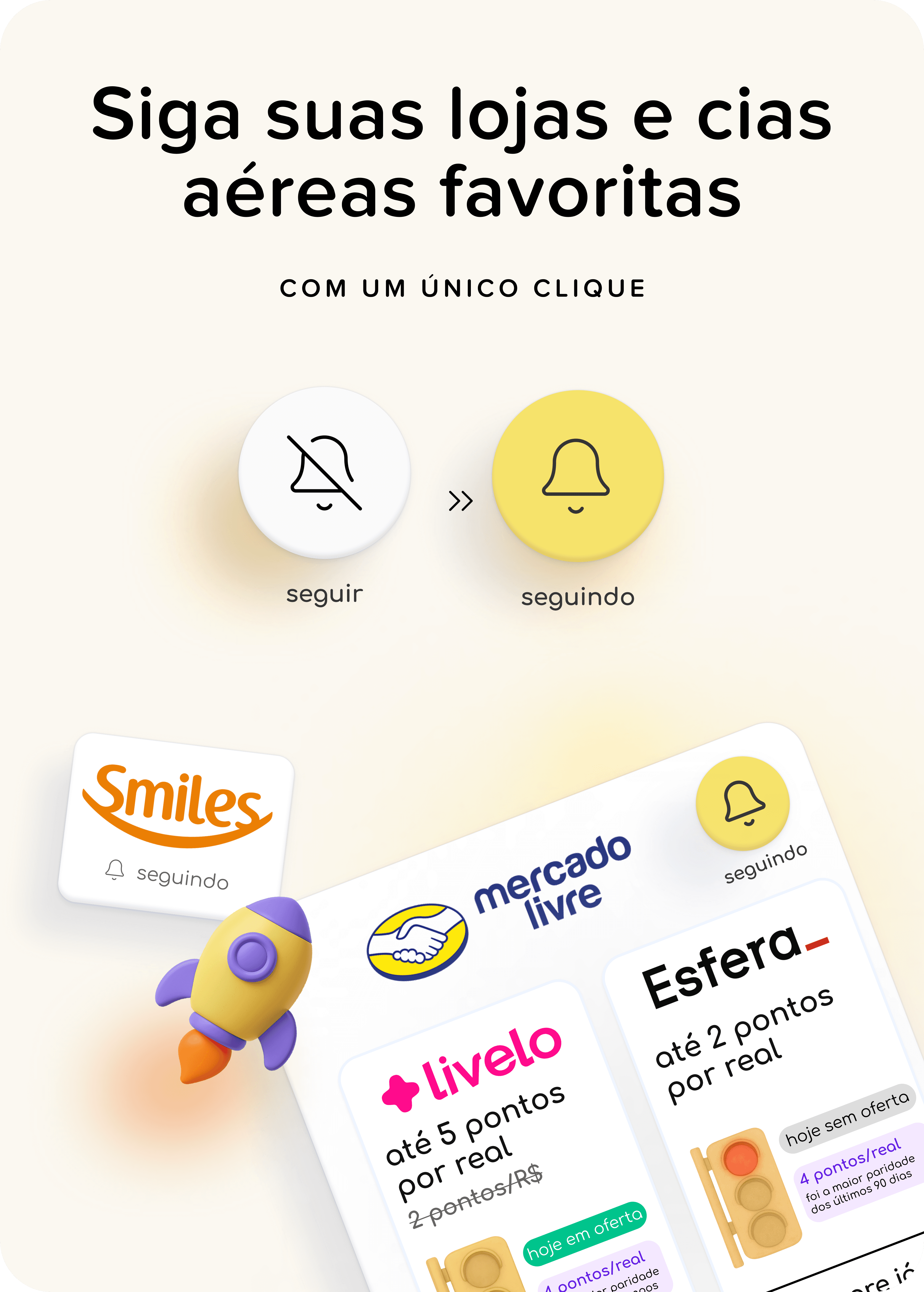Tela do app AceleraPontos em um smartphone mostrando o acompanhamento de lojas e programas, com alertas ativos para promoções de pontos e milhas.