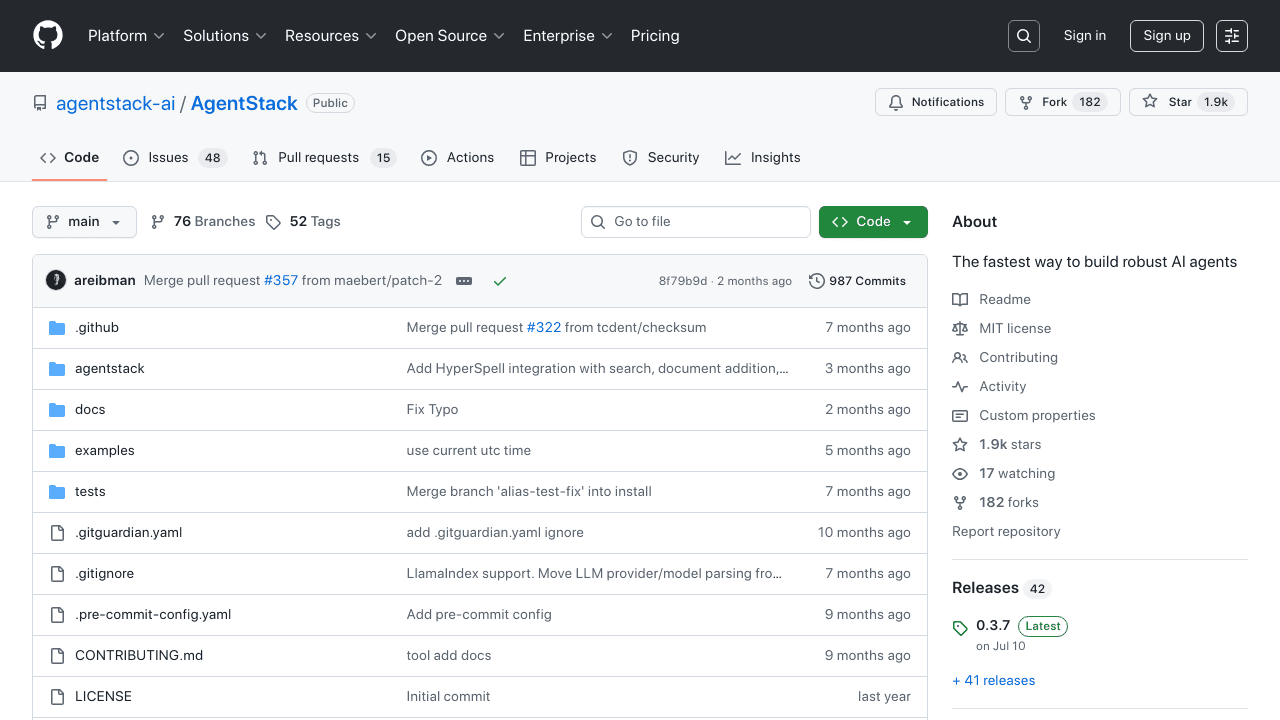 AgentStack GitHub repository homepage showing open source AI agent scaffolding framework with community contributions