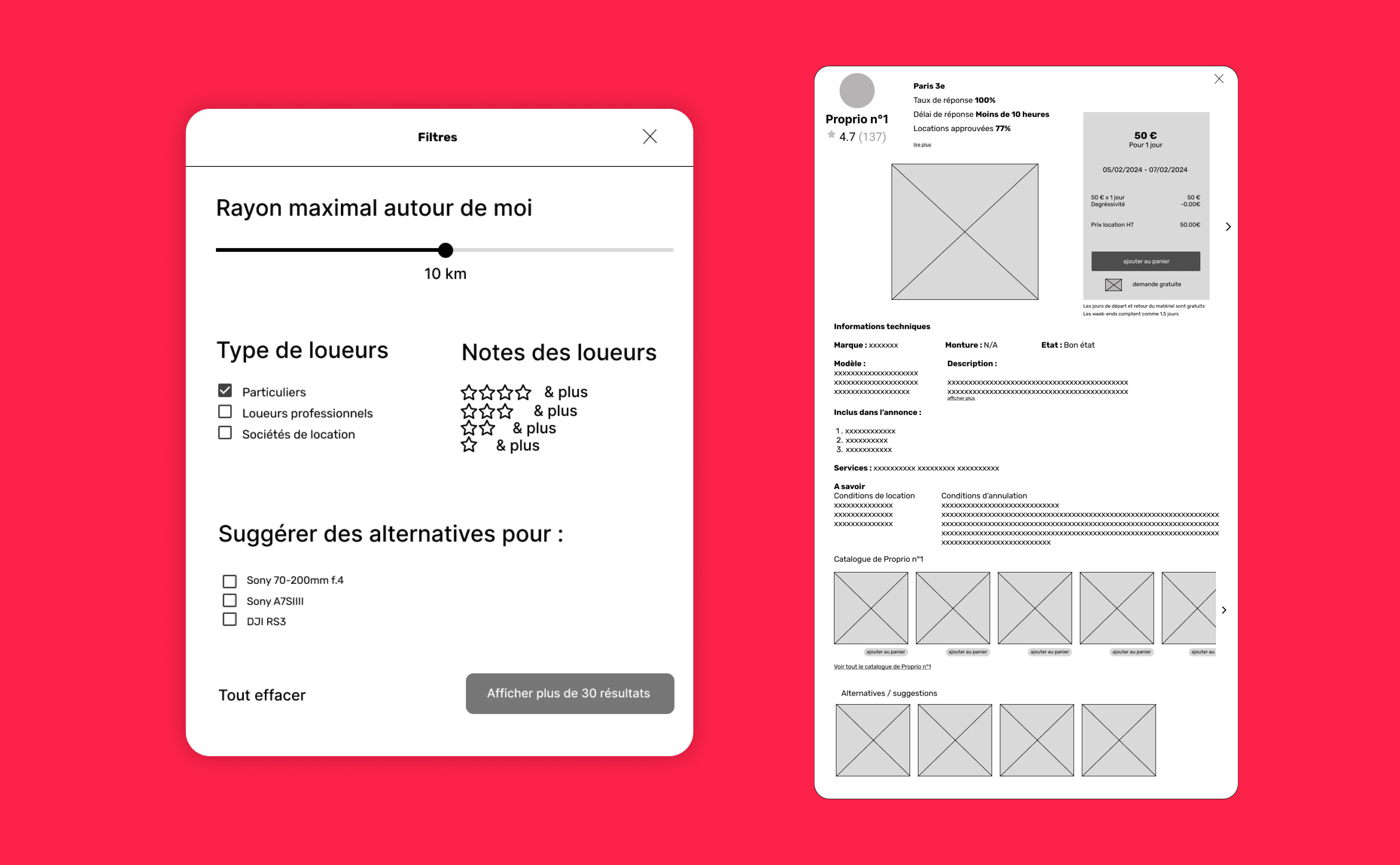 Représentations en basse fidélité de la fenêtre des filtres (à gauche) et de la fenêtre du détail de chaque offre (à droite).