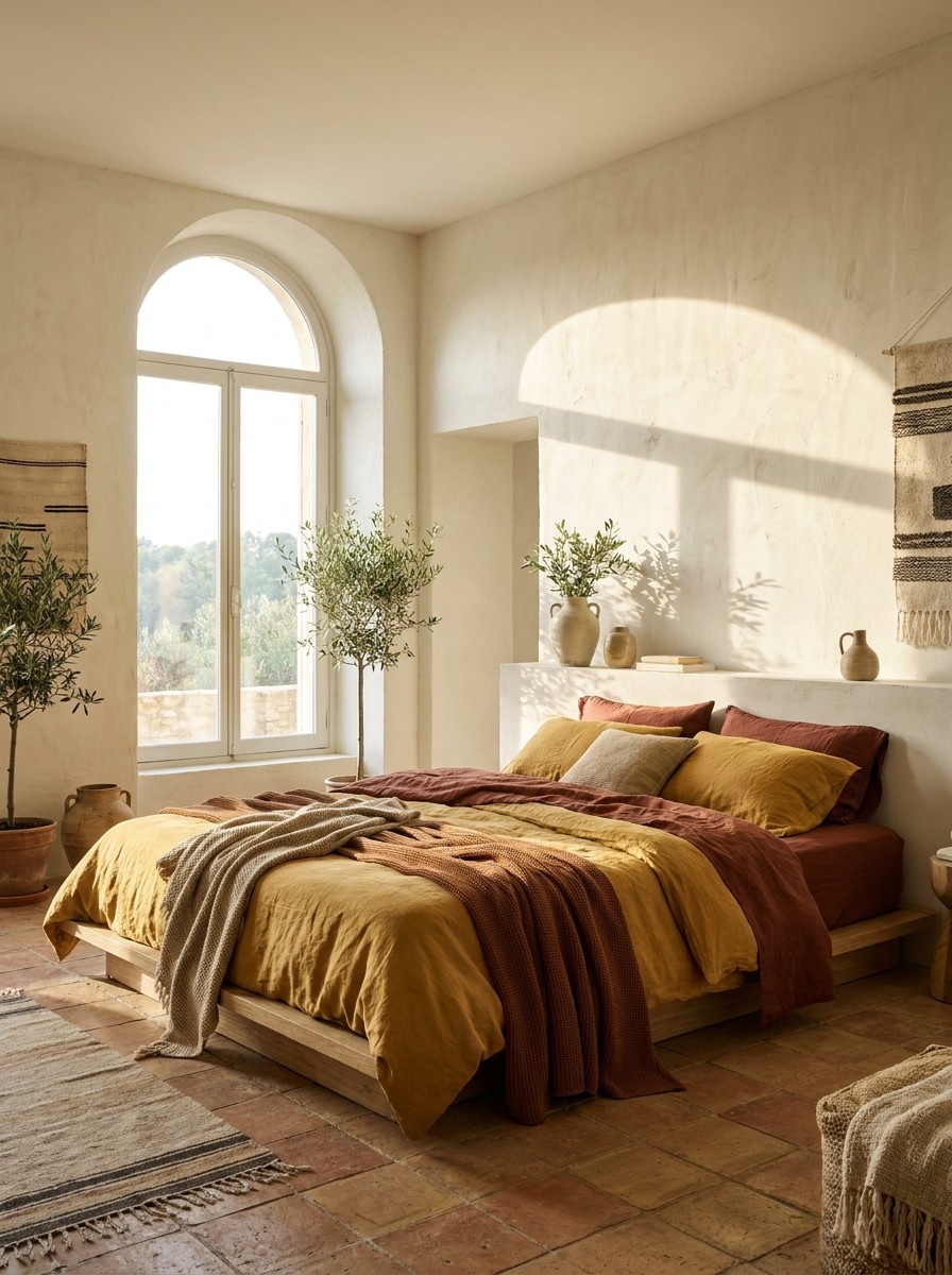 A serene hotel suite featuring off-white lime-washed walls, rich terracotta tile floors, and a modern bed with rust and mustard-yellow linens.