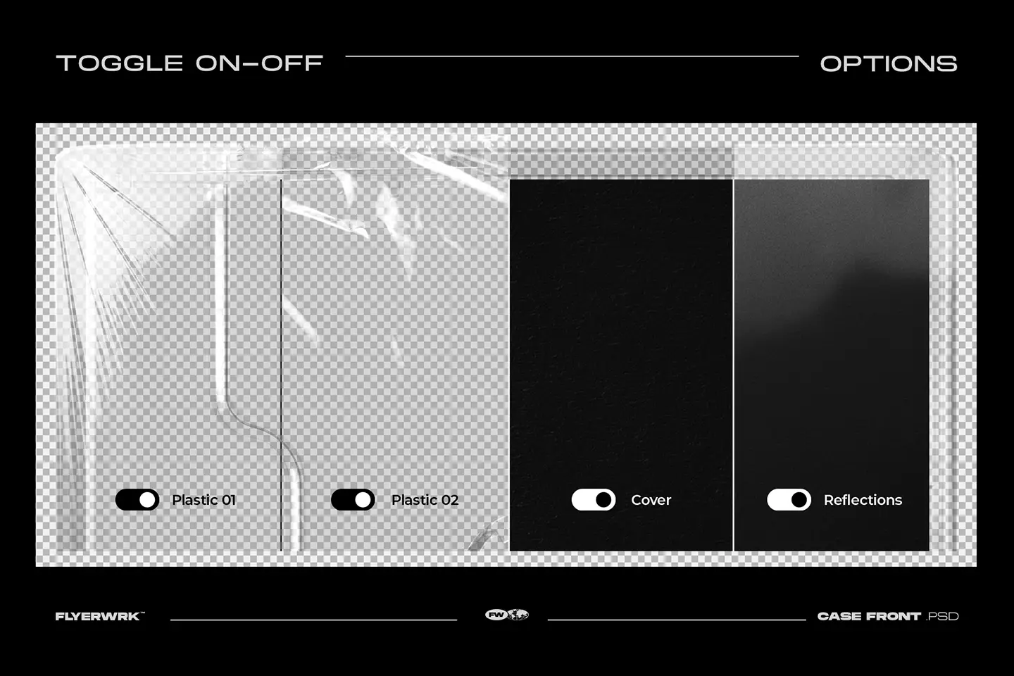 Cassette case mockup toggle options showing plastic overlays cover and reflections