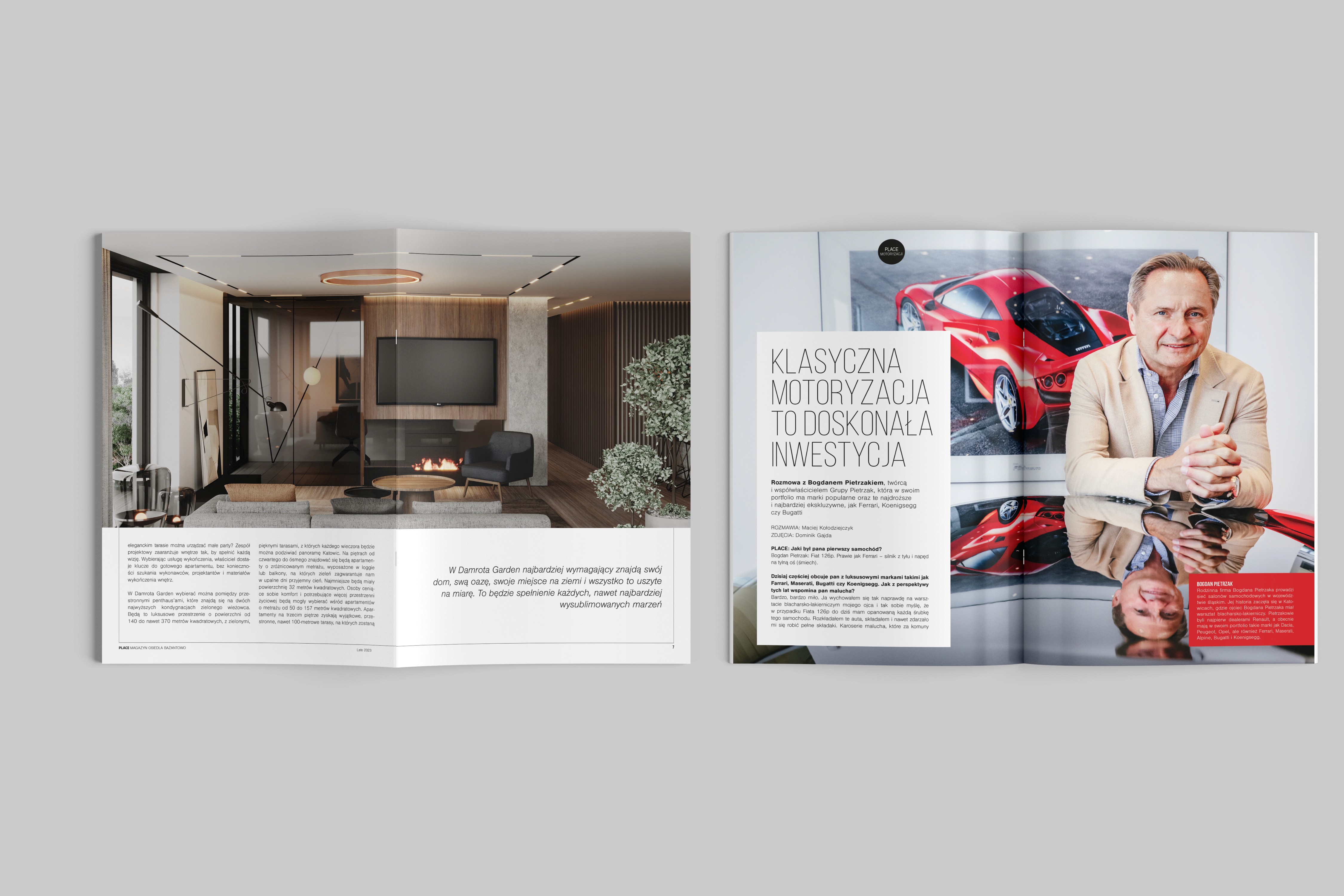Magazyn z luksusowymi wnętrzami i człowiekiem pozującym obok czerwonego samochodu, strona tytułowa z hasłem "Klasyczna motoryzacja".