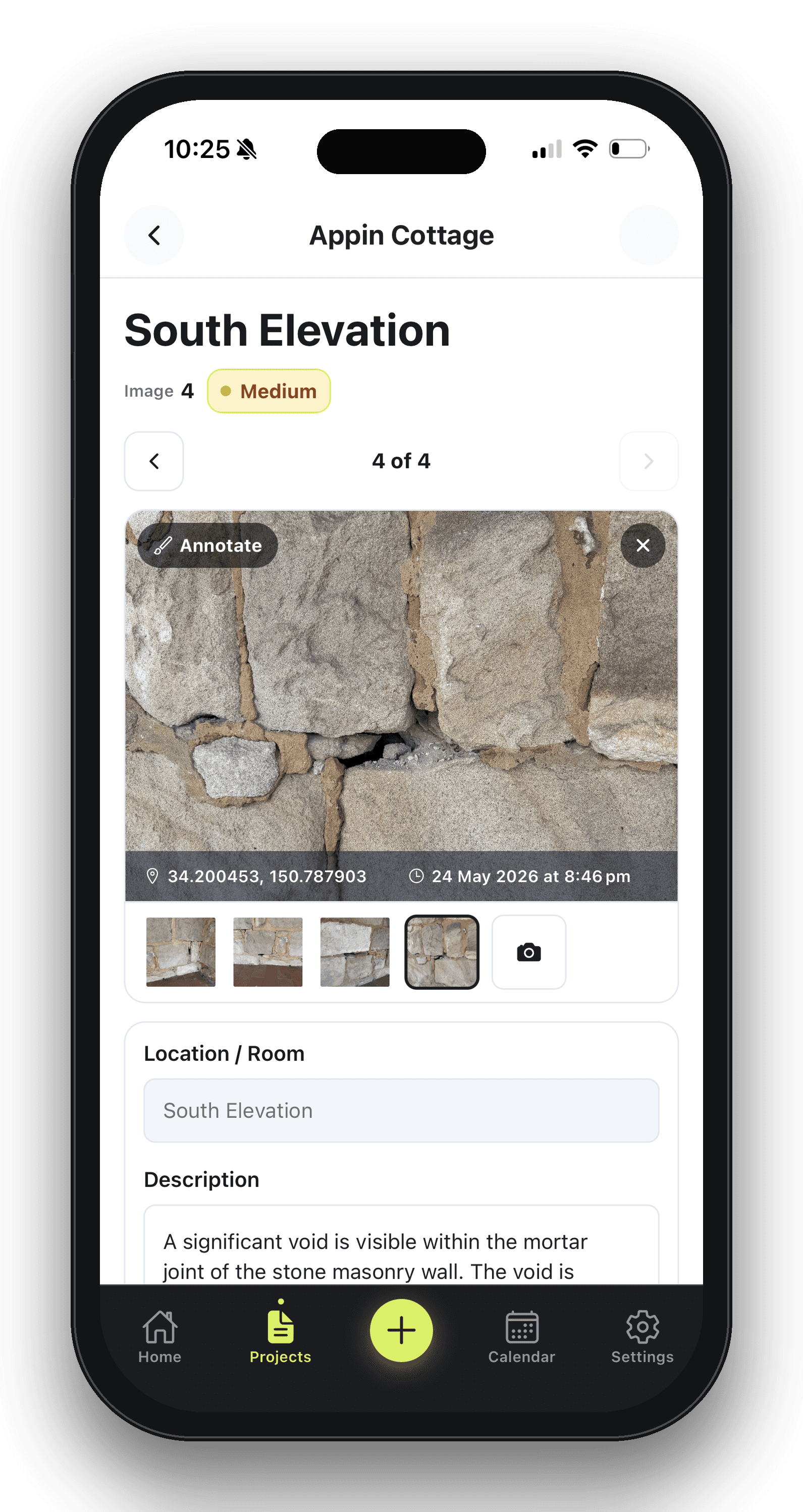 Defectech inspection app shown on a phone at a cottage