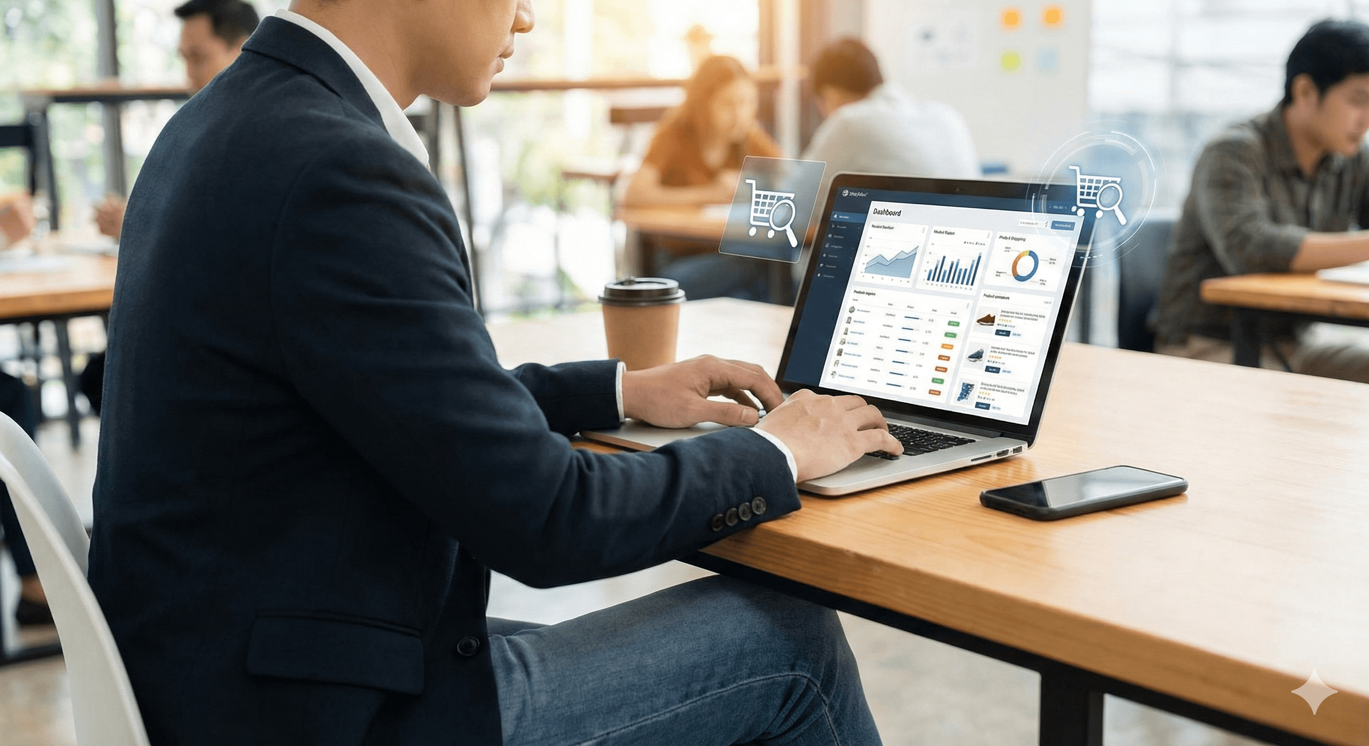 A person in a business suit works on a laptop inside a modern cafe, analyzing digital graphs and charts, with nearby people engaged on their devices, symbolizing the impact of AI agents in reshaping retail commerce.