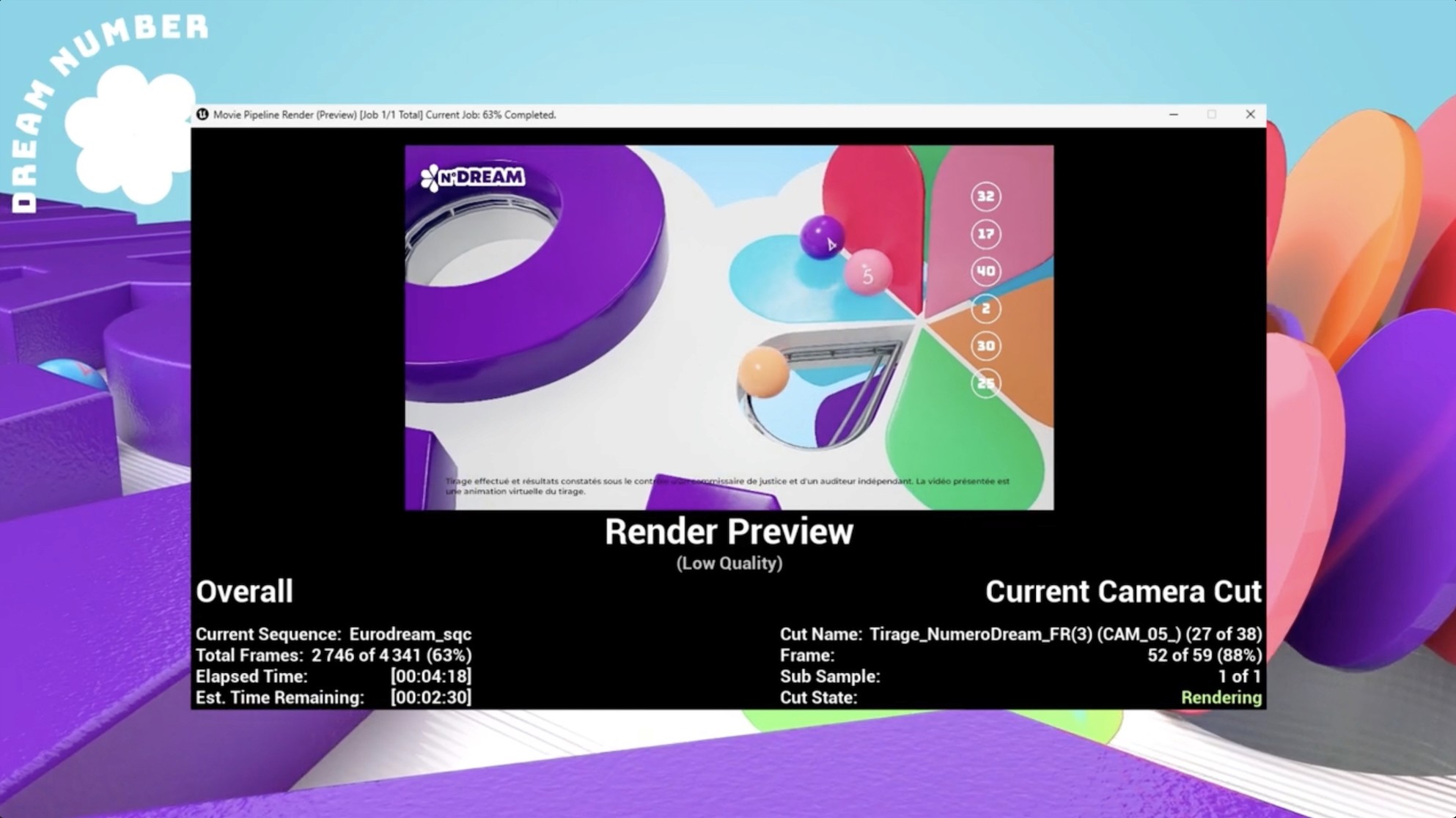 Screenshot from Unity custom software, showing the rendering of one official draw animation video.