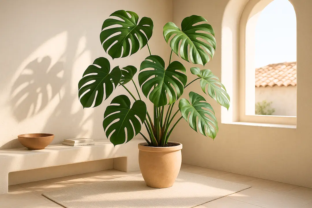 Monstera Pflanze steht im Raum neben Bank