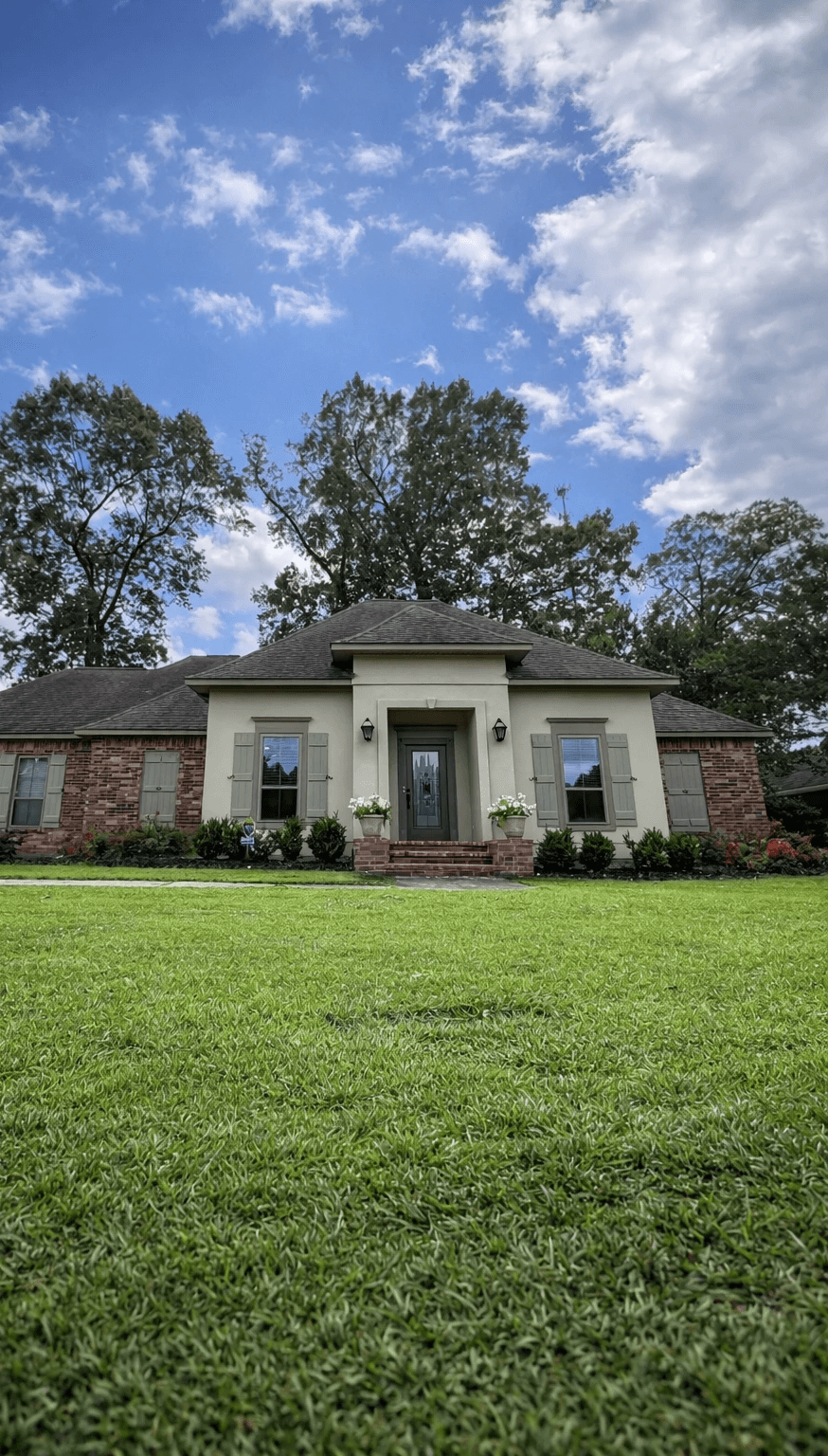 A modern, luxury beachfront villa with large glass windows and balconies overlooks a rocky shoreline, surrounded by palm trees at sunset.
