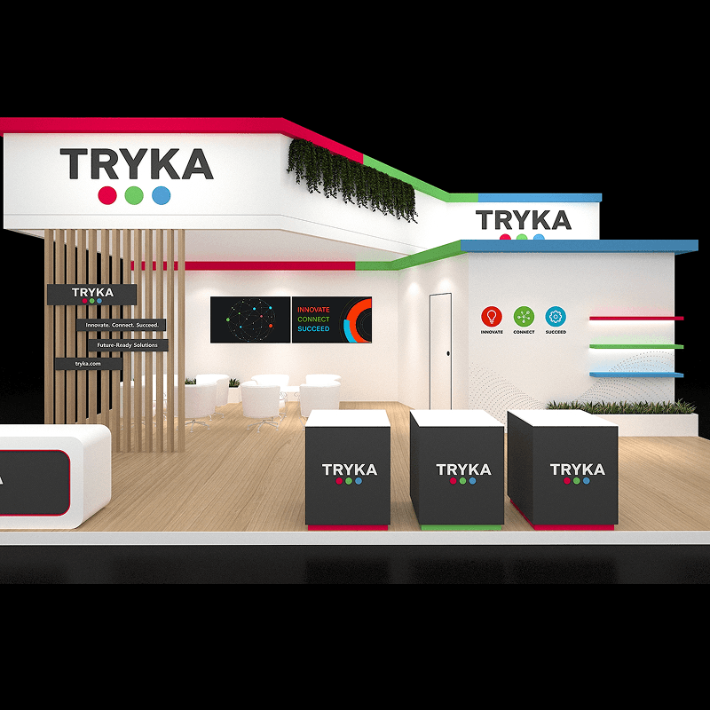 20x30 branded exhibit with product pedestals, shelving, and open visitor flow