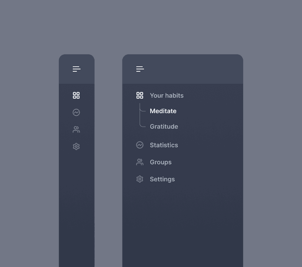 Dark-themed app sidebar with icons and habit menu.
