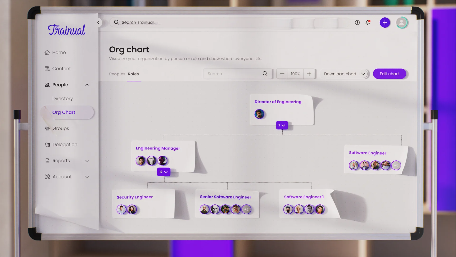 Organizational chart UI interface in Trainual platform, animated in a clean 3D environment to explain team structure with motion design