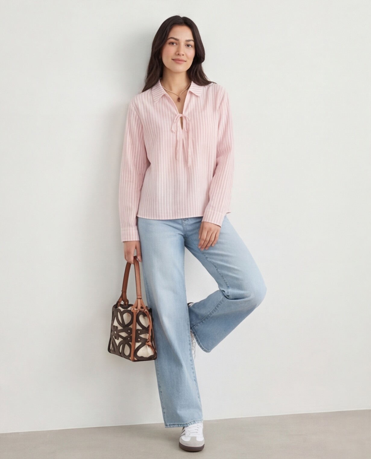 Pink Striped Tie-Front Shirt with Straight Jeans