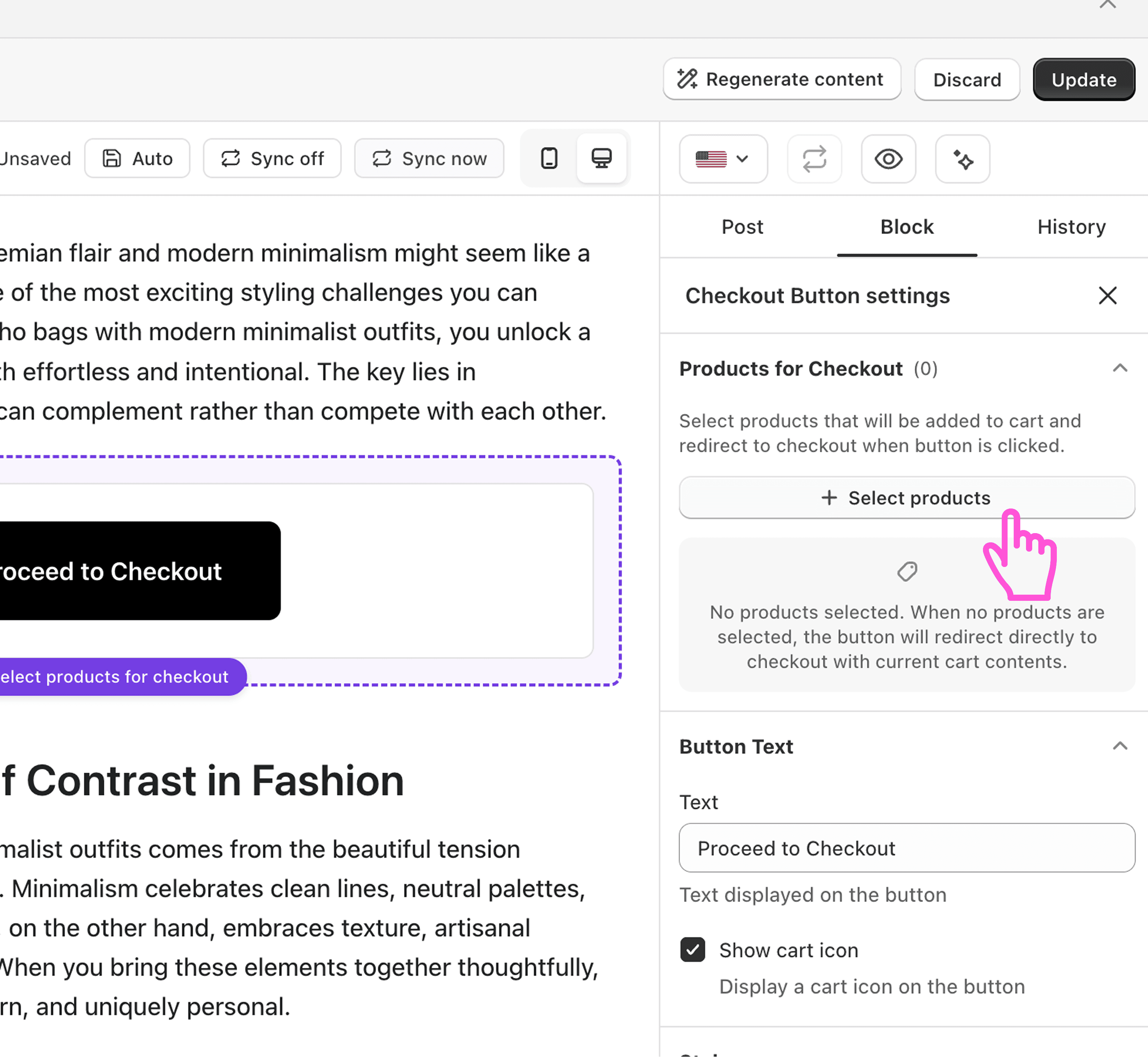 How to add a checkout button to a blog post in Shopify?