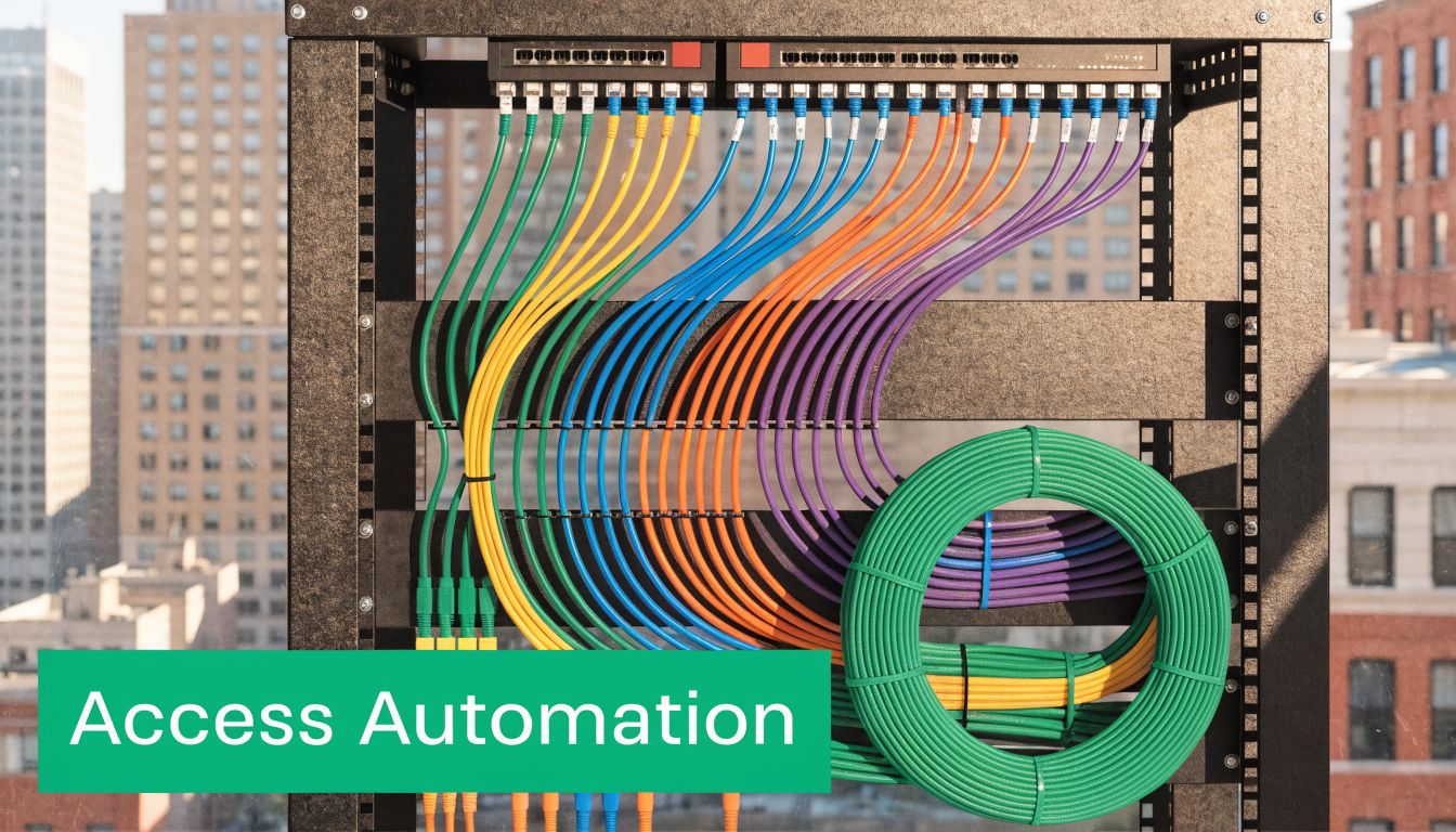 A server rack with colorful network cables organized in loops and connected to networking switches.