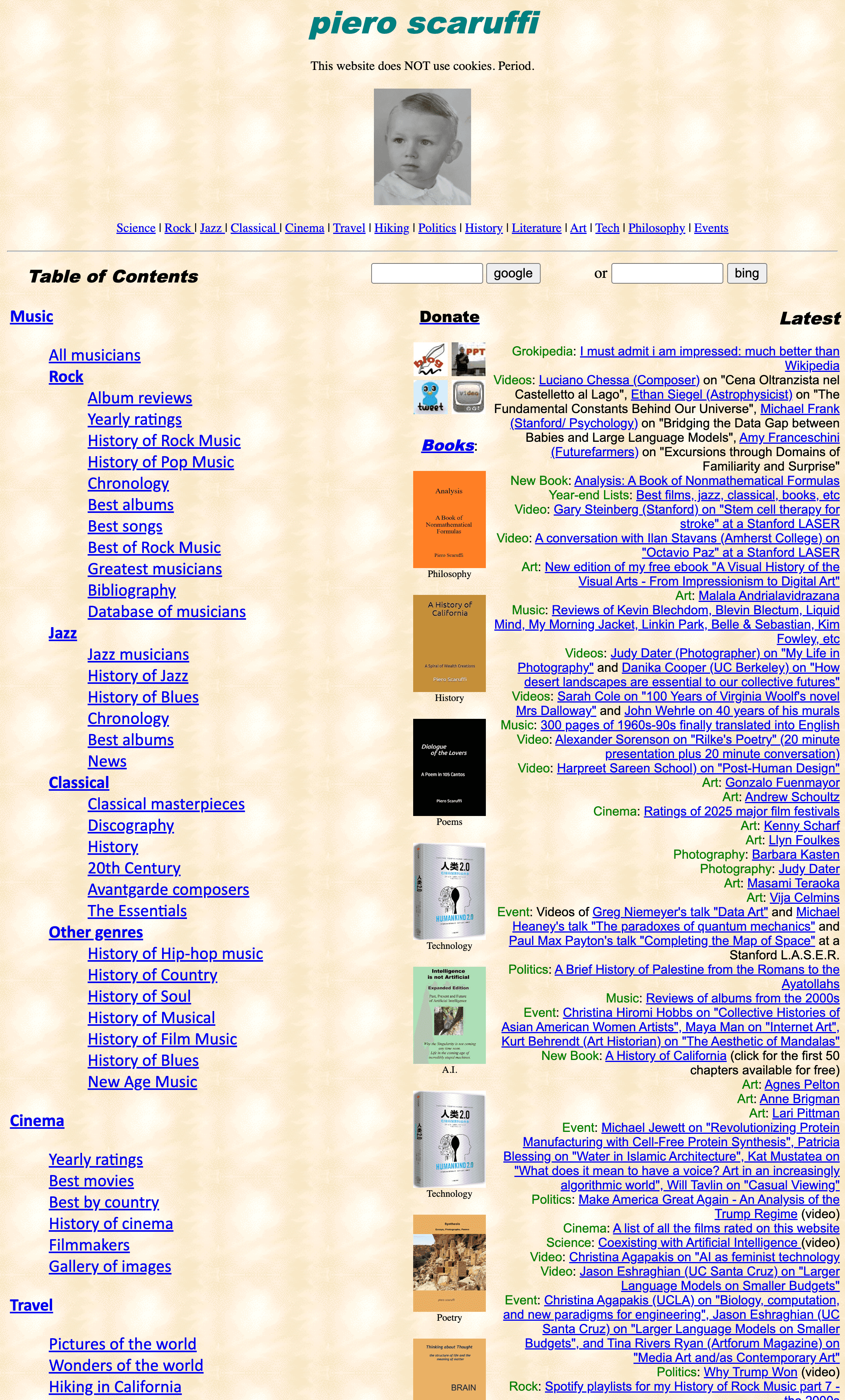 screenshot of the homepage of Scaruffi.com. the odd mixture of whimsy and chaos commonly found in 90s websites is well represented. This particular page is largely a collection of blue underlined links over a patterned beige-ish background