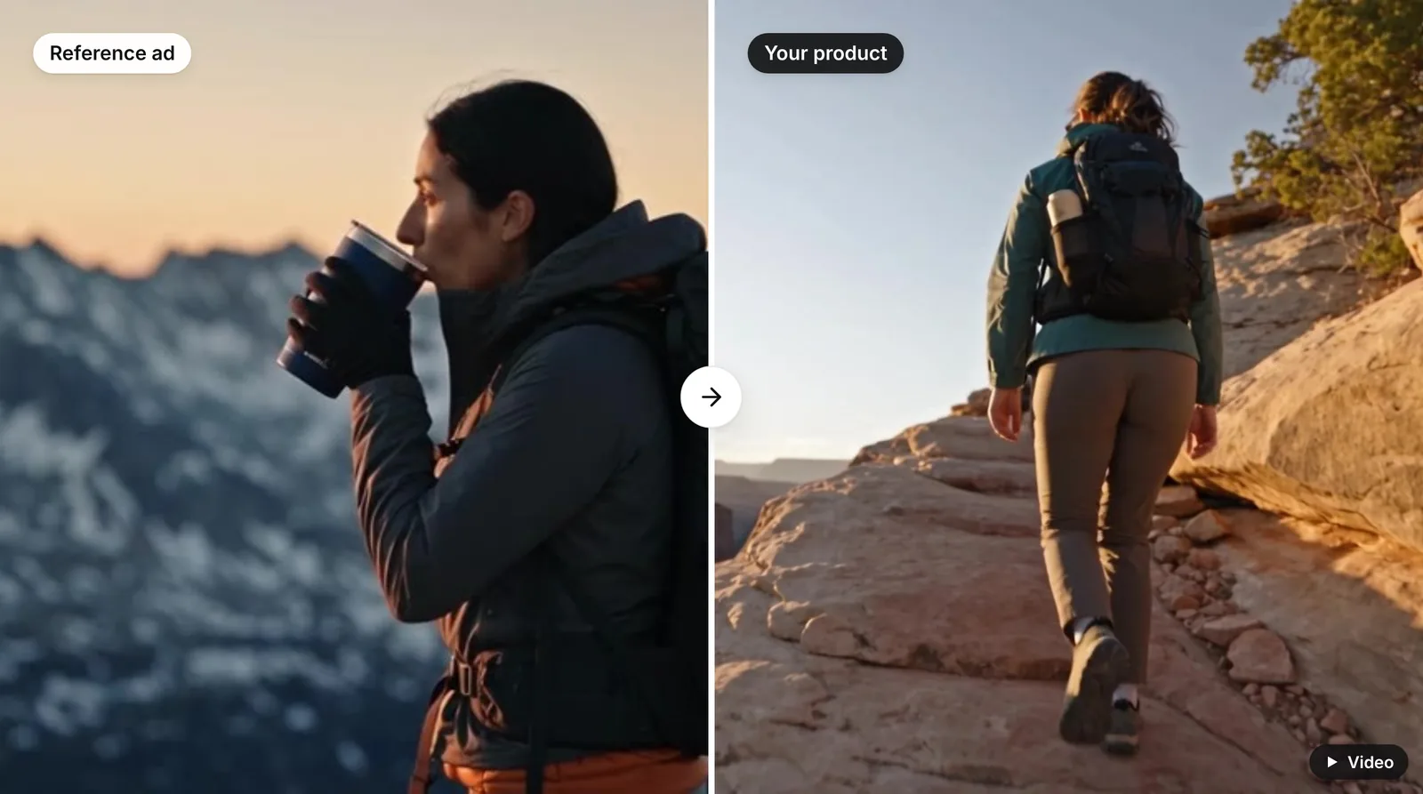 A frame from a reference video ad next to the Brightfield Cold Brew demo product it will be recreated for