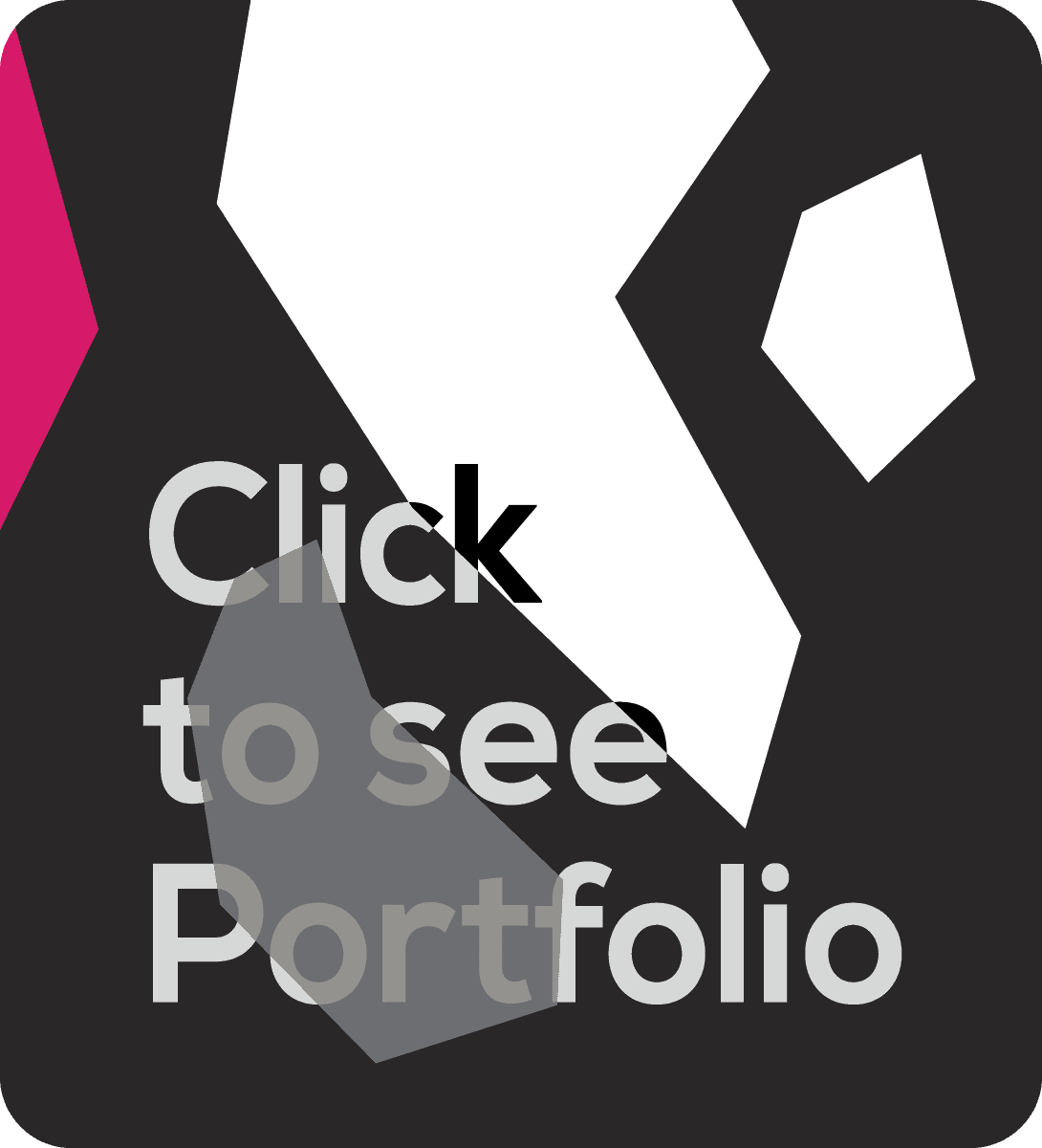 A black and white logo that reads "Click to see portfolio," encouraging access to the portfolio content.