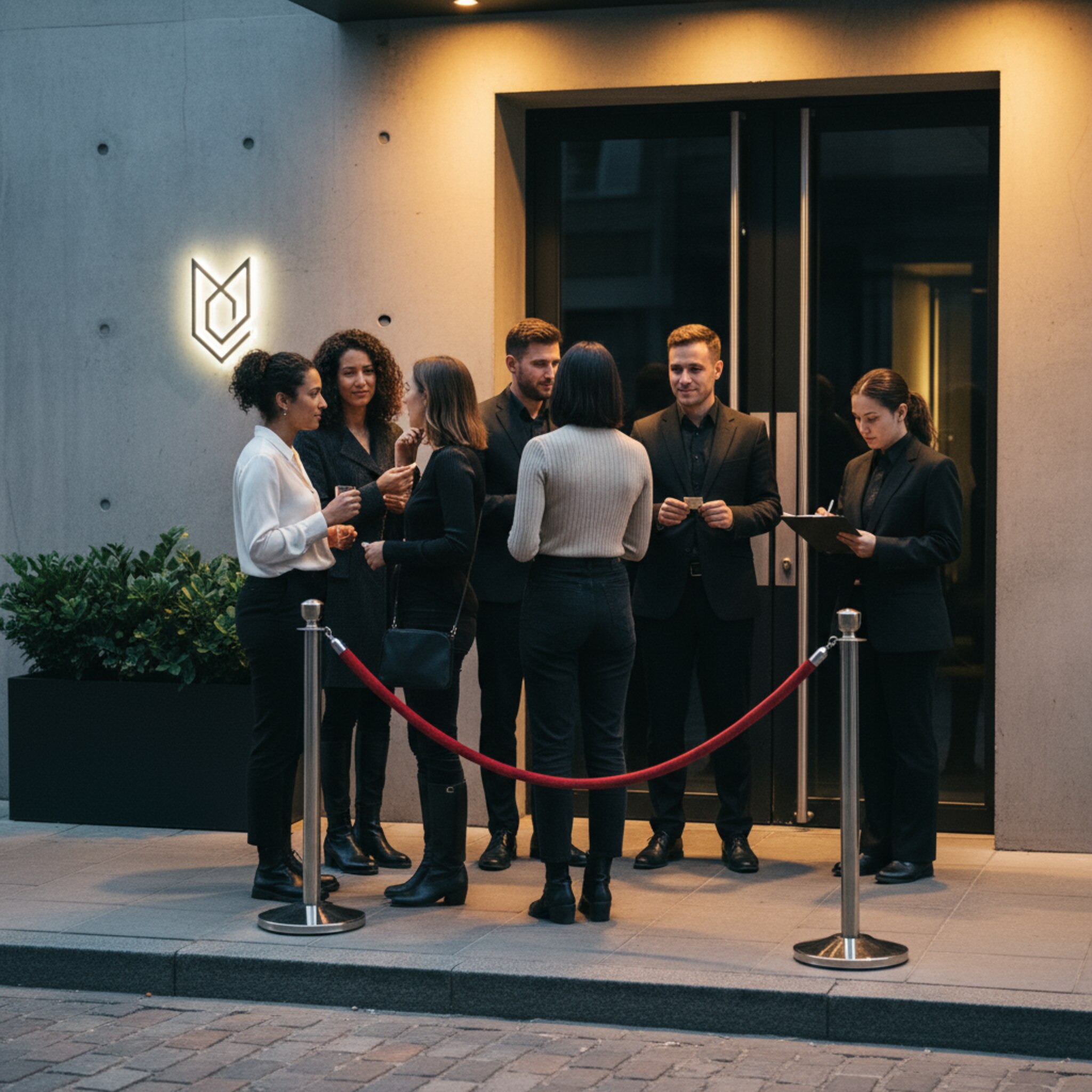 Vor dem Eingang stehen Gäste unter warmen Außenstrahlern hinter einer Samtkordel. Ein Türsteher prüft freundlich Ausweise, während ein weiterer Mitarbeiter diskret Namen auf einer Liste abgleicht. Gedämpfte Musik dringt nach draußen, ein dezentes Logo schimmert an der Wand. Die Stimmung ist erwartungsvoll und geordnet.