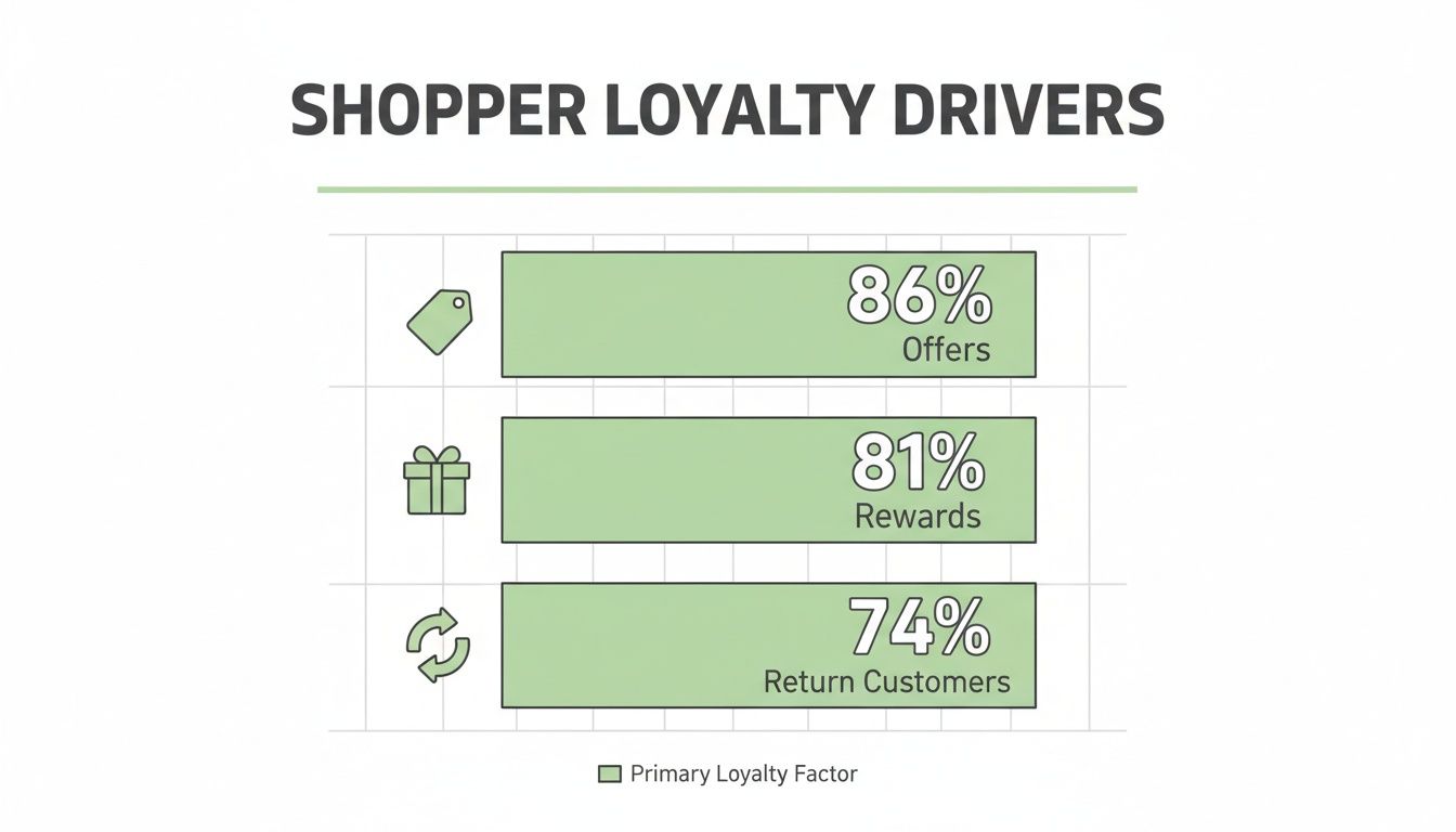 Bar chart illustrating top shopper loyalty drivers: Offers (86%), Rewards (81%), and Return Customers (74%).
