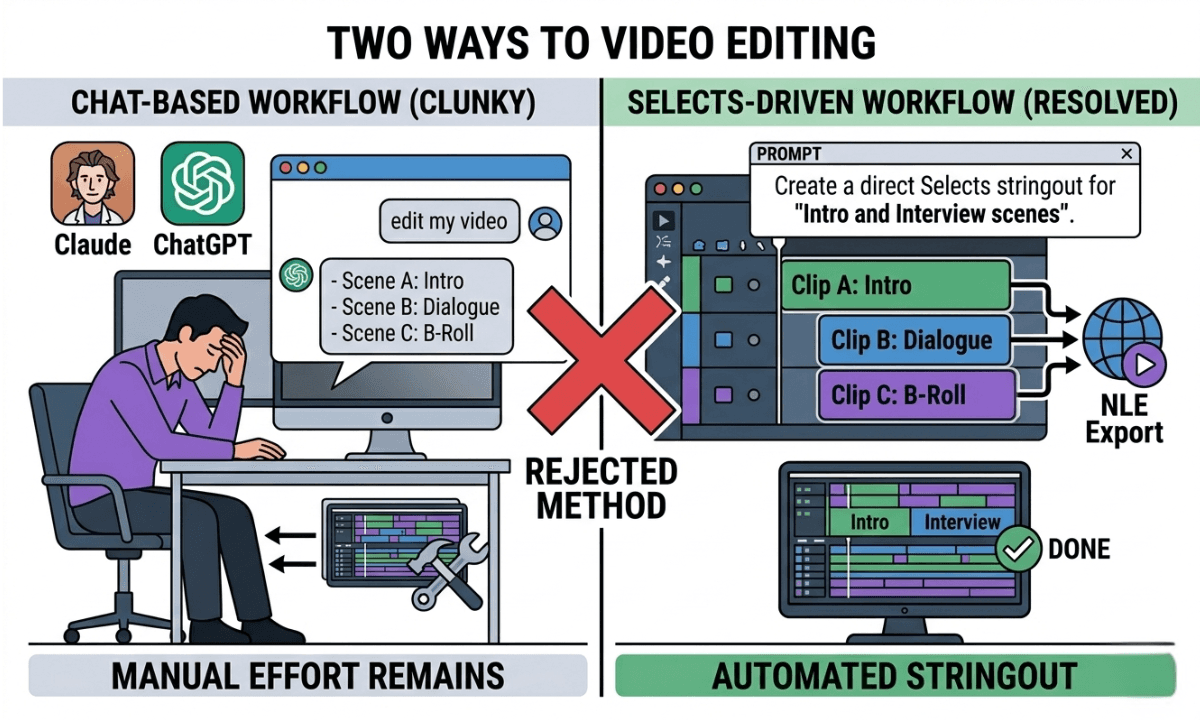 Side-by-side comparison of a chatbot conversation interface on the left and a Selects AI video editing timeline on the right, illustrating the gap between LLM text output and actual AI footage editing