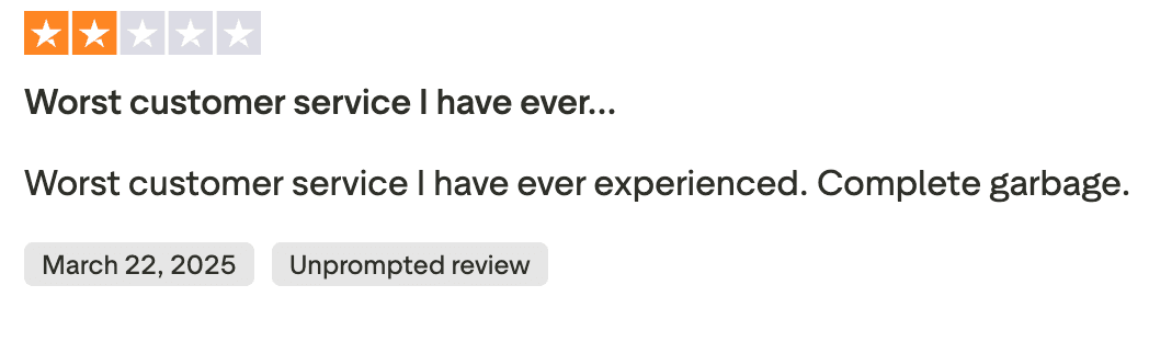 2-star review criticizing customer service as complete garbage
