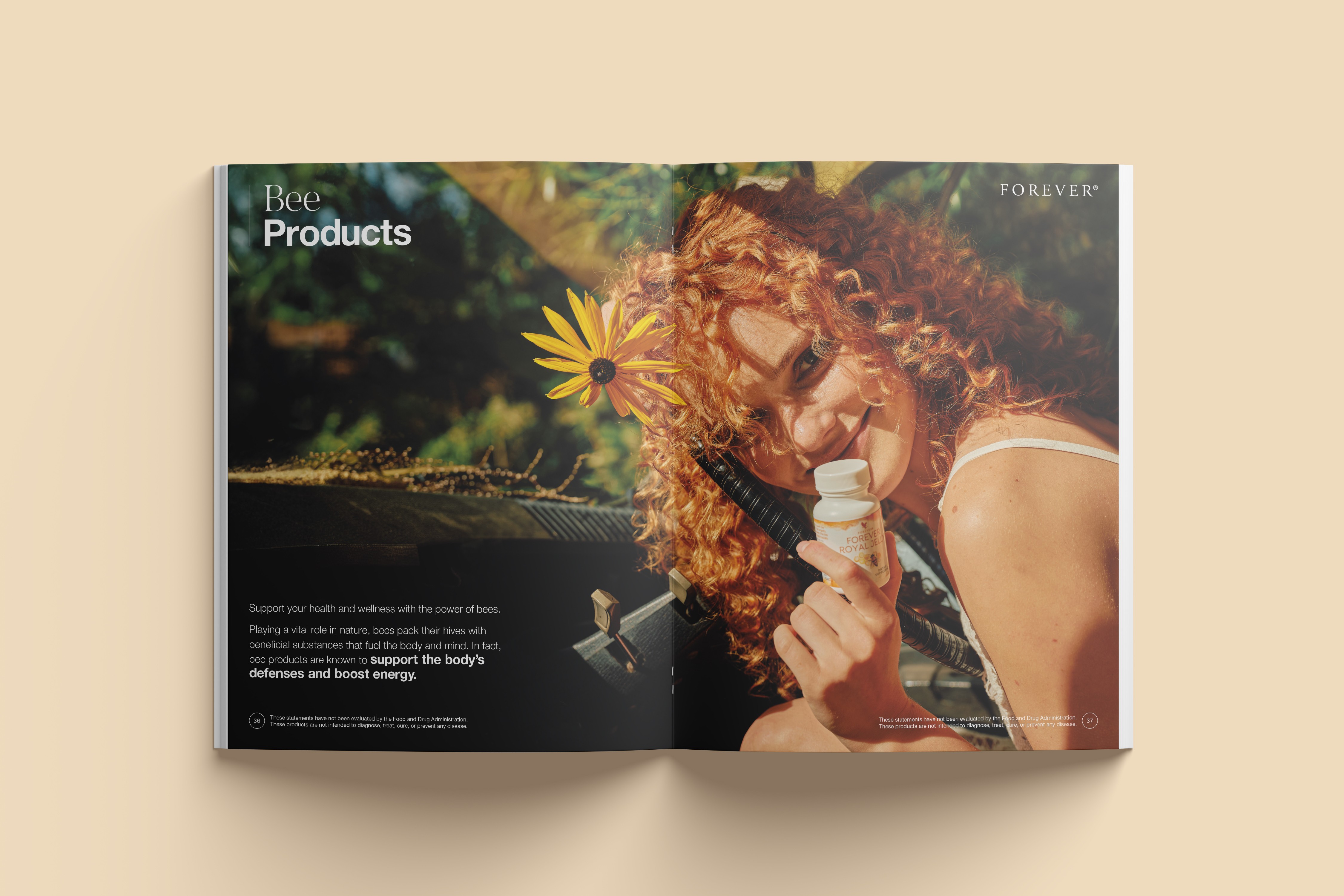 Double-page product brochure design for Forever Living, showcasing supplement products with a large female image in the background and product info and descriptions.