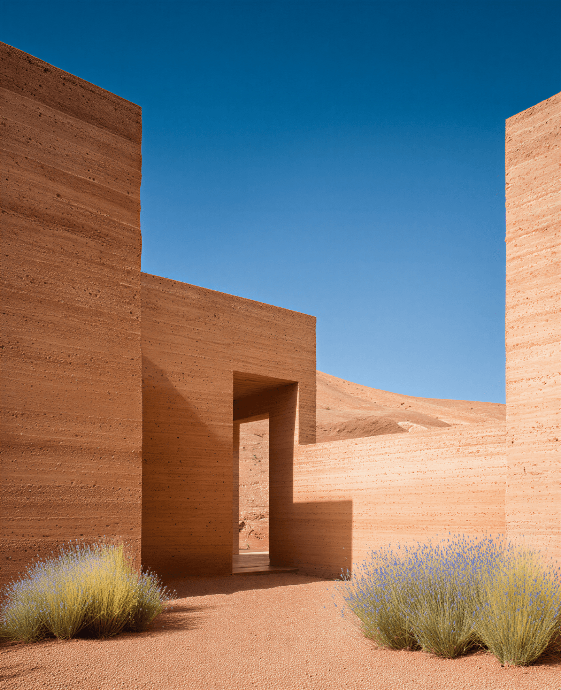 Modern rammed-earth architecture inspired by AlUla’s heritage, blending with desert surroundings.