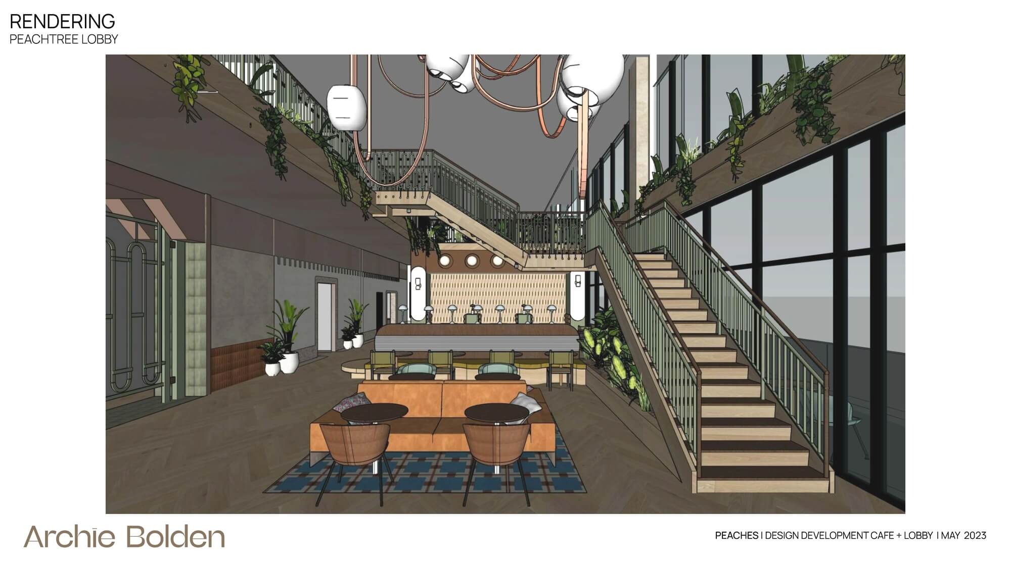 Architectural 3D rendering by Archīe Bolden for Peachtree Lobby cafe, featuring a two-story design with staircase, hanging greenery, bar counter, and lounge area.