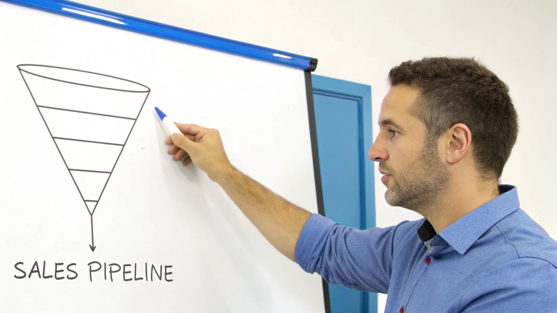 A man explains a sales pipeline by drawing a funnel diagram on a whiteboard.