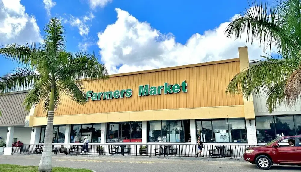 The exterior of the Oneco Farmers Market in Bradenton, FL features a beige and white building with large windows, outdoor seating, and palm trees under a bright blue sky with fluffy clouds.