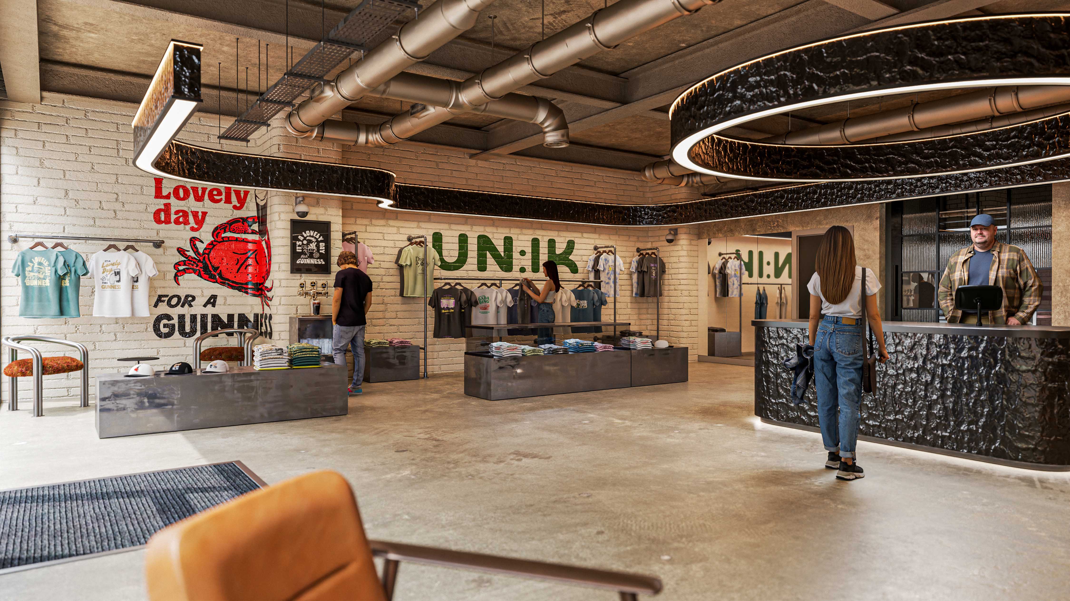 PixelSpaces fashion retail interior design for Bound x Un:ik Manchester concept, gallery-style layout with independent clothing brands disco only, it's a lovely day for a guinness, badda bing and acid love