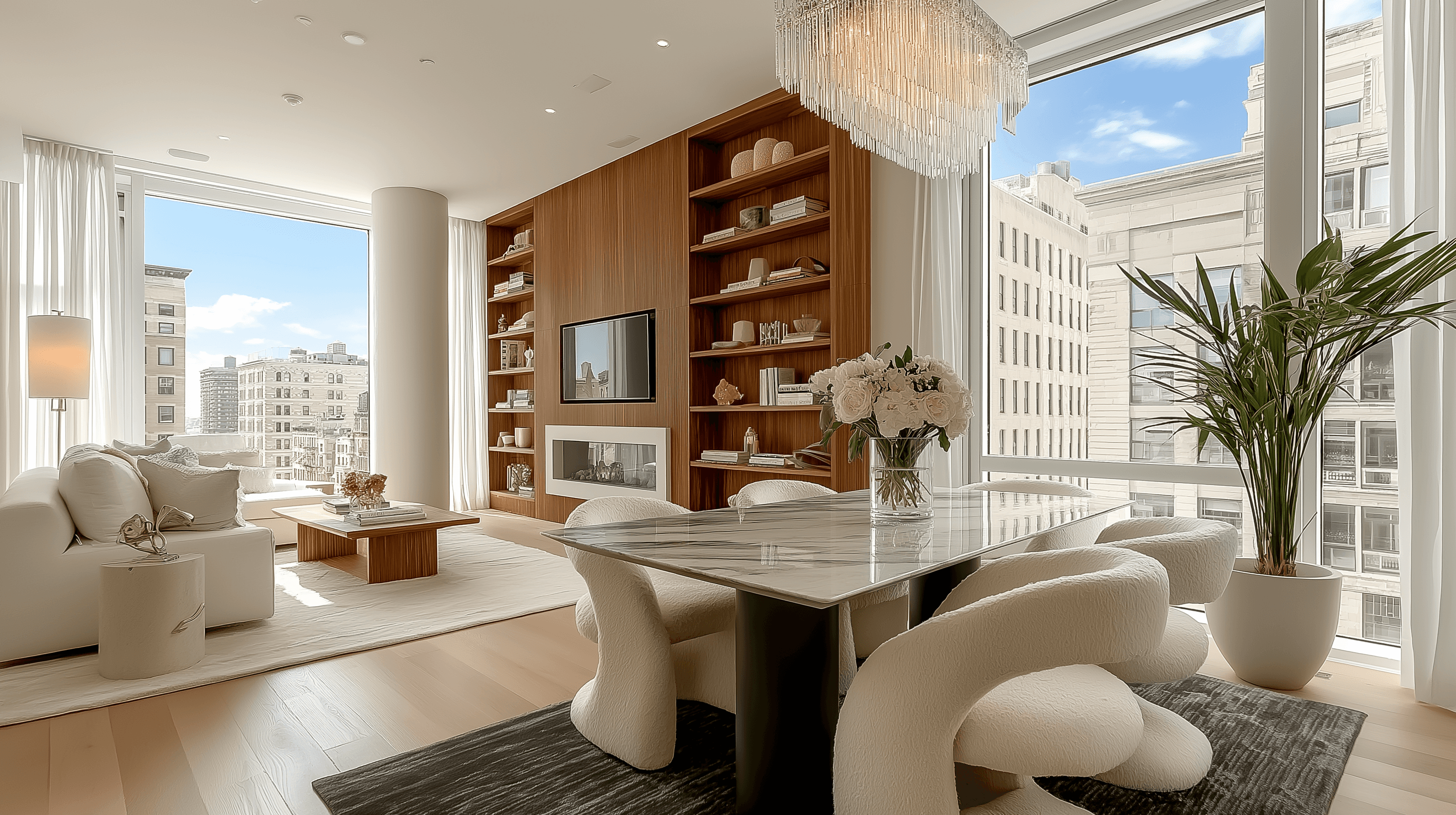 Modern open-plan living and dining room with a marble table, curved chairs, a wood-paneled media wall with bookshelves, and large windows overlooking city buildings.