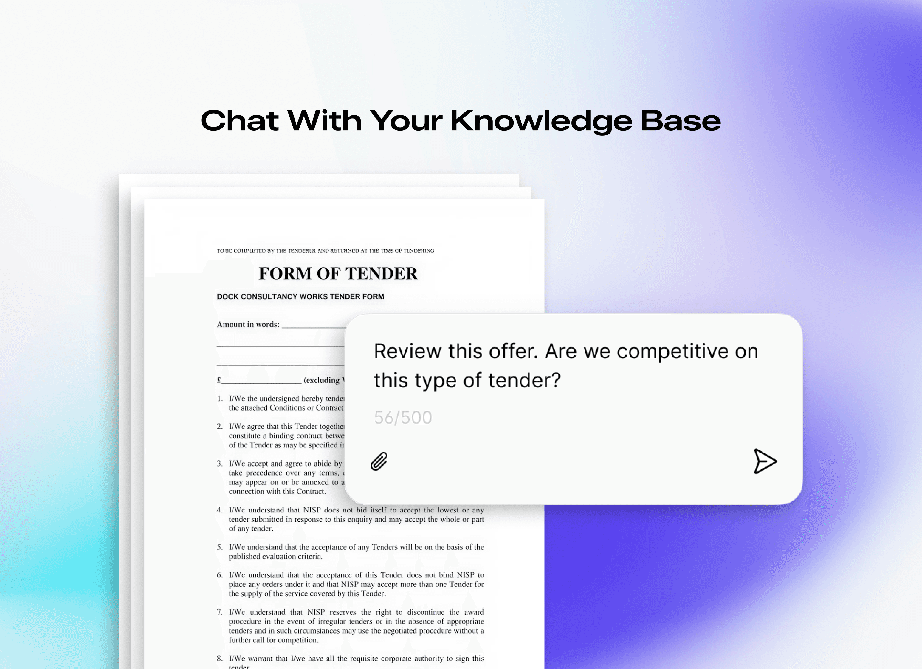 A tender document with an AI chat interface overlay asking "Review this offer. Are we competitive on this type of tender?"