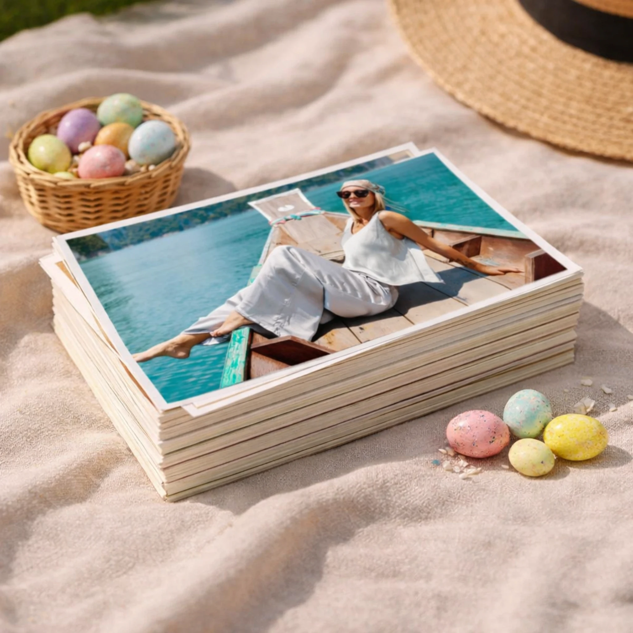 Pessoa segurando Fotolivro com foto em preto e branco de mãe beijando o filho recém-nascido, com o nome Pedro Henrique escrito na imagem