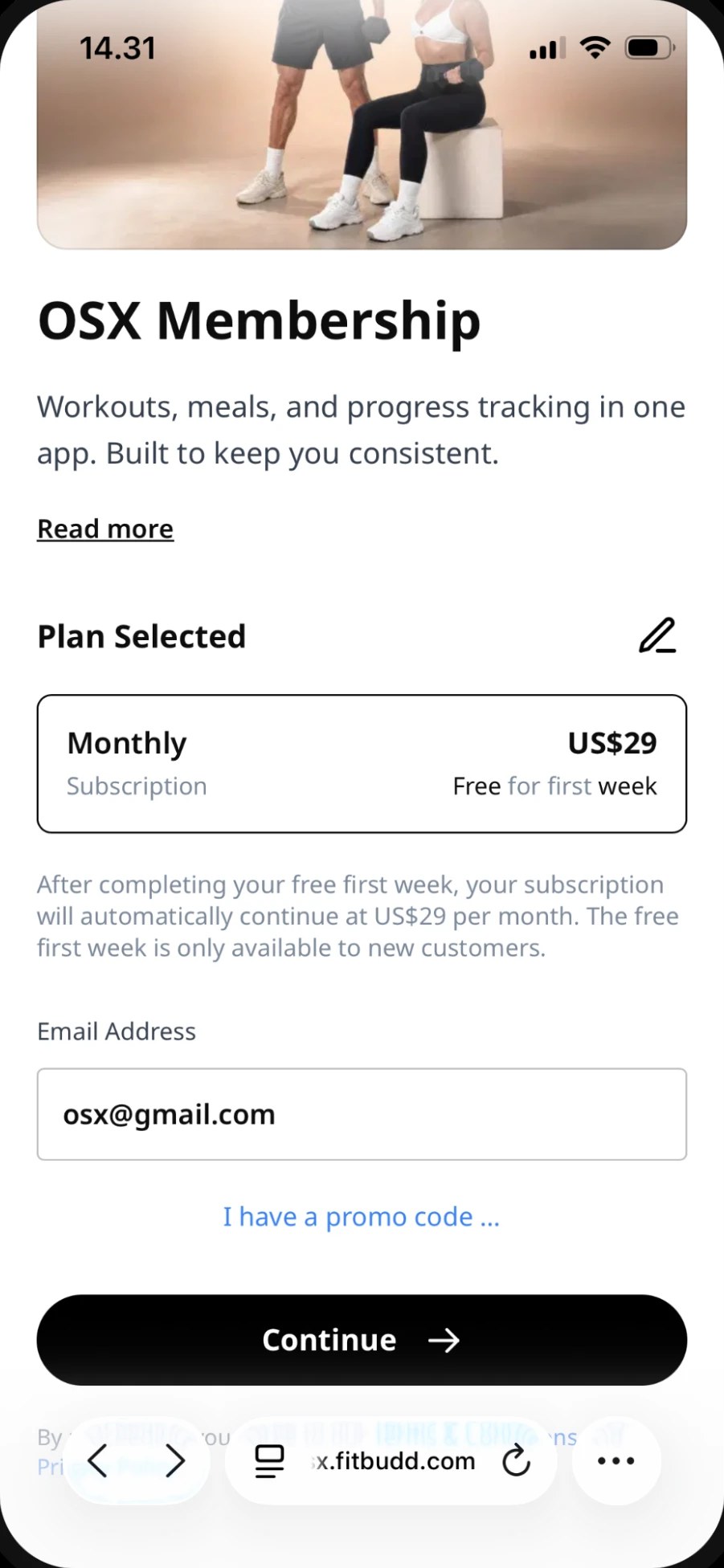 OSX sign up page with the plan and email
