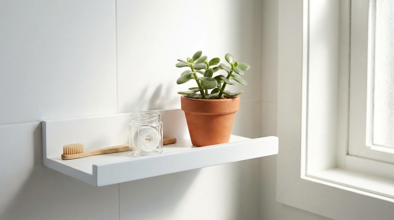 Toothbrush and dental floss on a bright bathroom shelf