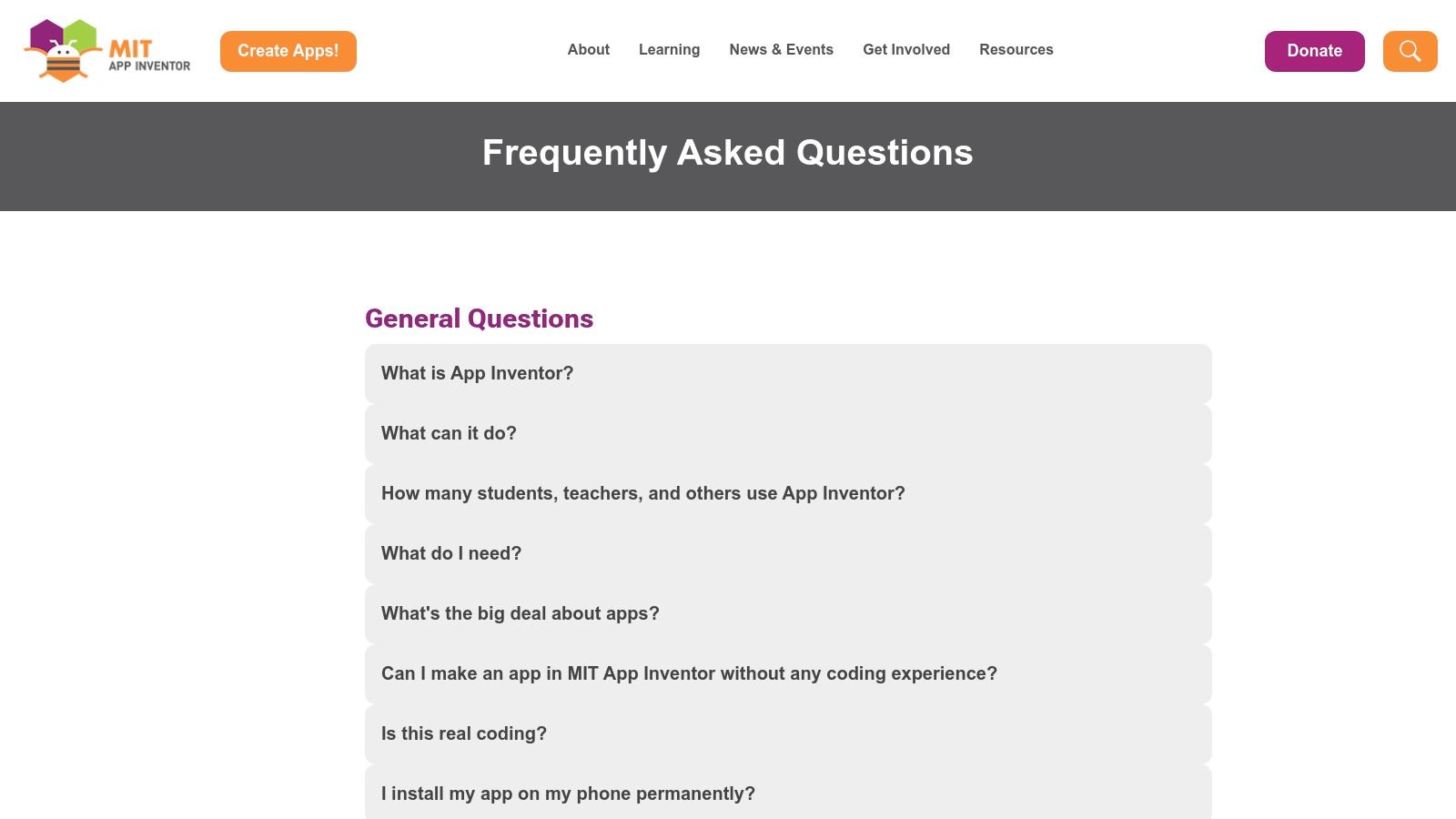 MIT App Inventor FAQ page