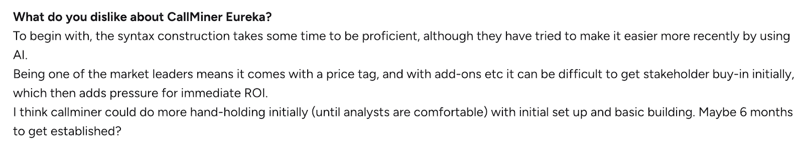 User review noting learning curve, pricing concerns, and onboarding effort in CallMiner Eureka