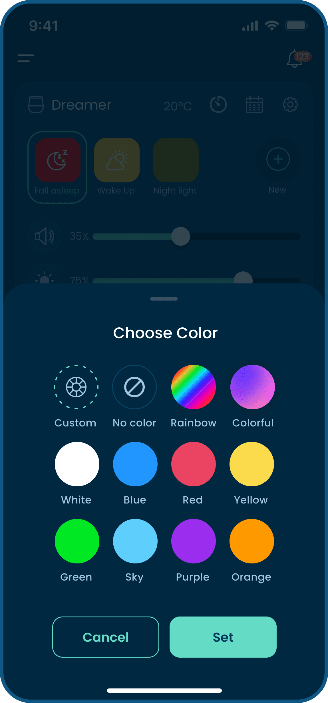 home screen of babysense mobile app with sound and light machine paired and select color option is open