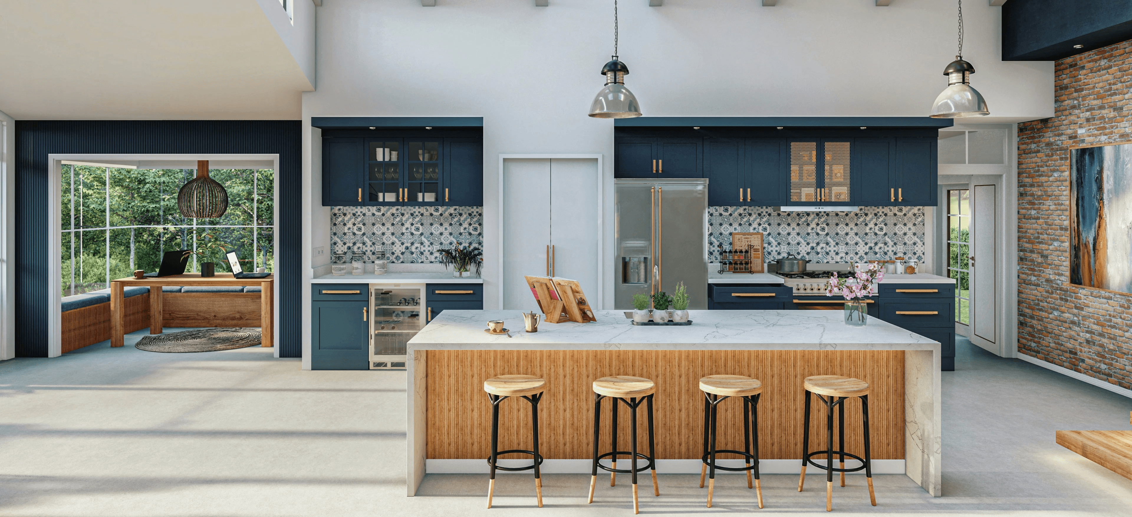 a large kitchen with a center island surrounded by stools