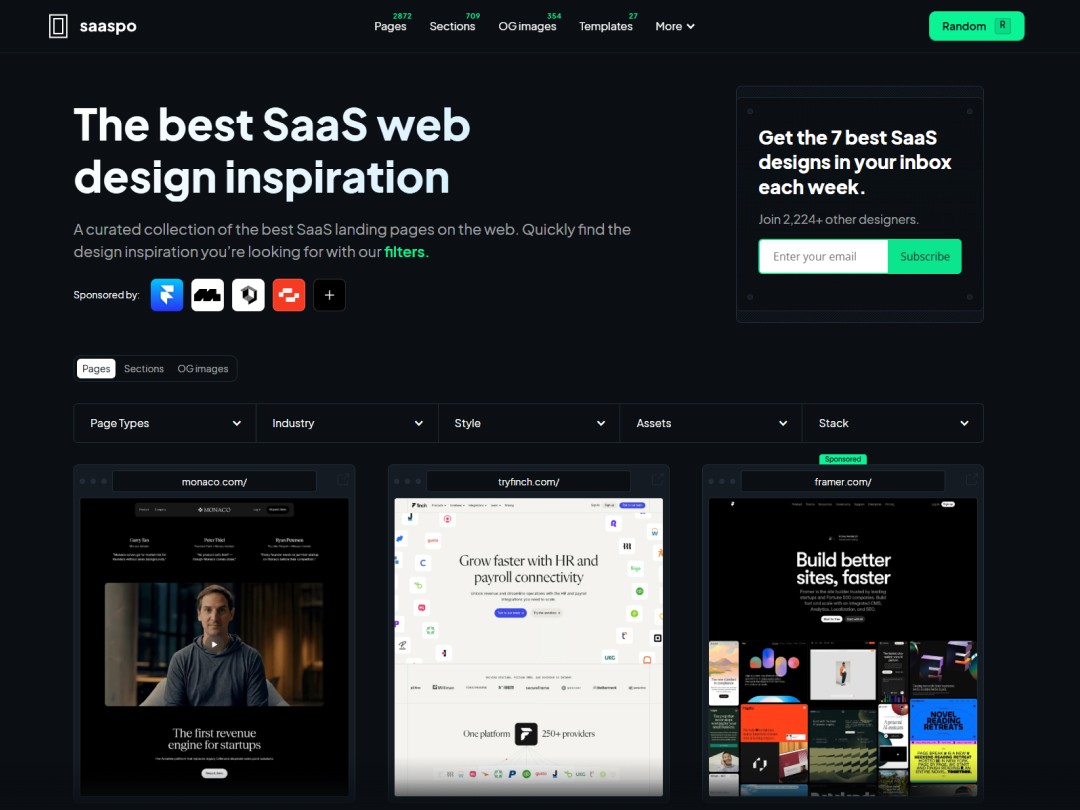 Saaspo website hero section with sposored logos, newsletter element, and websites presentation