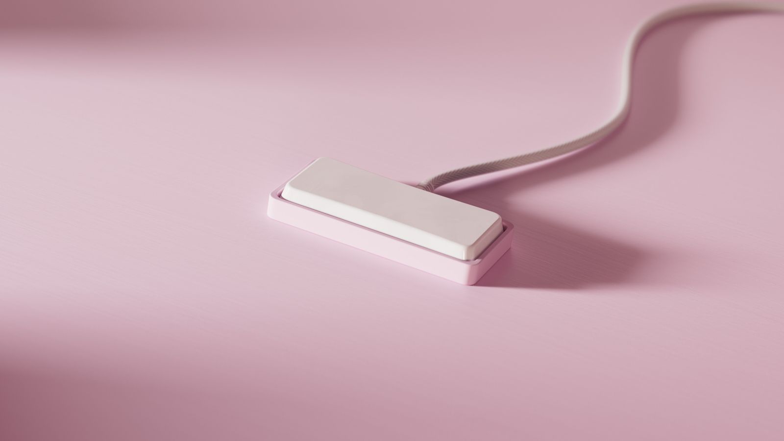 Minimal rendering of a white instrument with a trailing cable on a flat pink ground
